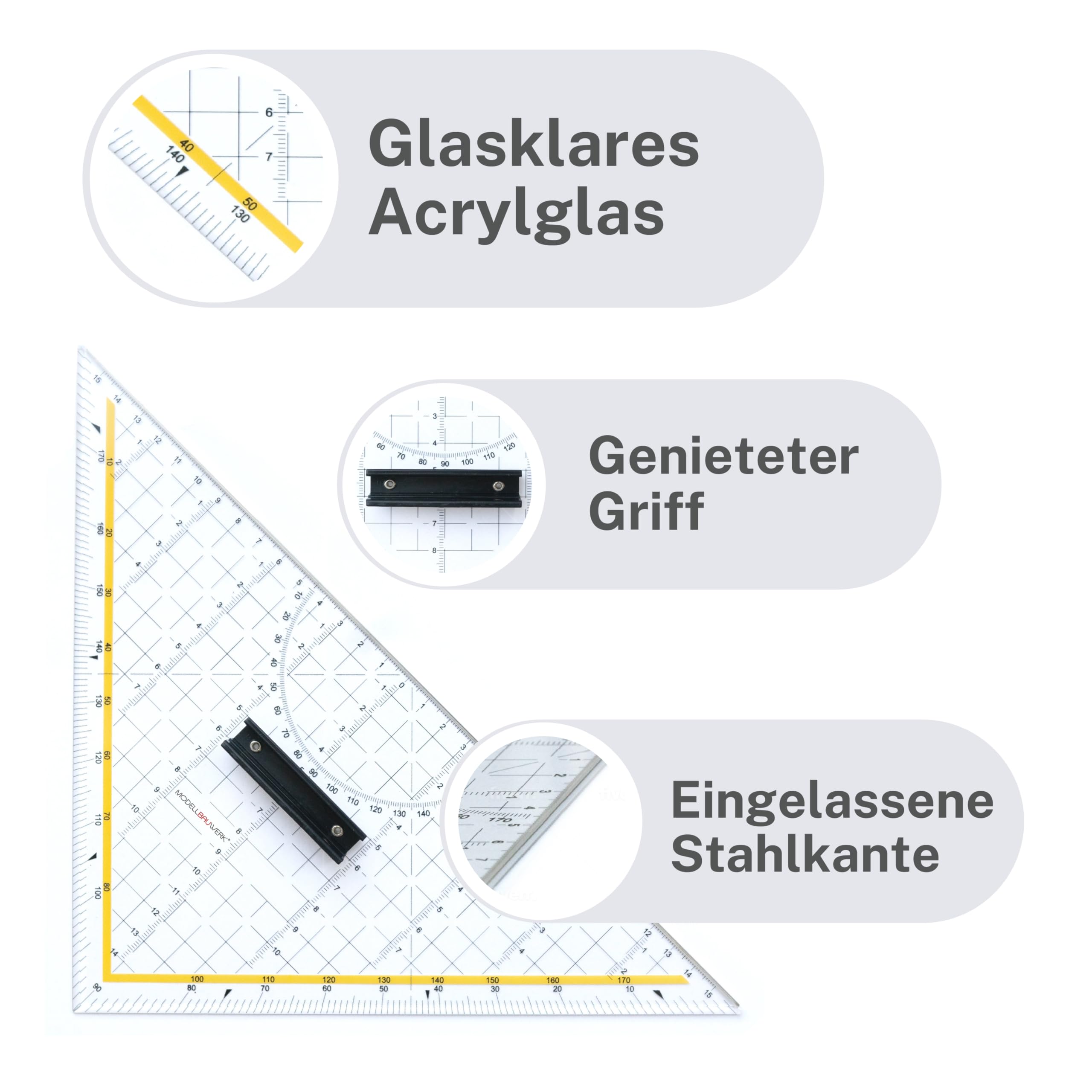 !!-Präzision aus Acrylglas und Edelstahl-!! Sehr hochwertiges 325mm-Schneidedreieck aus transparentem, dicken Acrylglas und mit einer massiven Stahlkante von Modellbauwerk®, Geodreieck