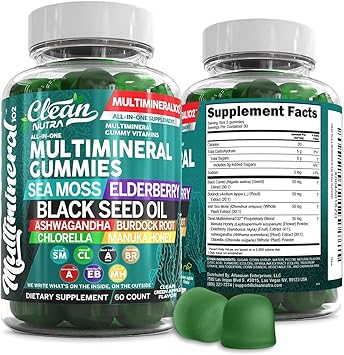 Sea Moss Gummies | Clinically Tested - Black Seed Oil Ashwagandha Elderberry Burdock Root Chlorella Manuka Honey - Vegan Irish Sea Moss Gummy Vitamins for Adults Kids Men Women - Green Apple Flavor