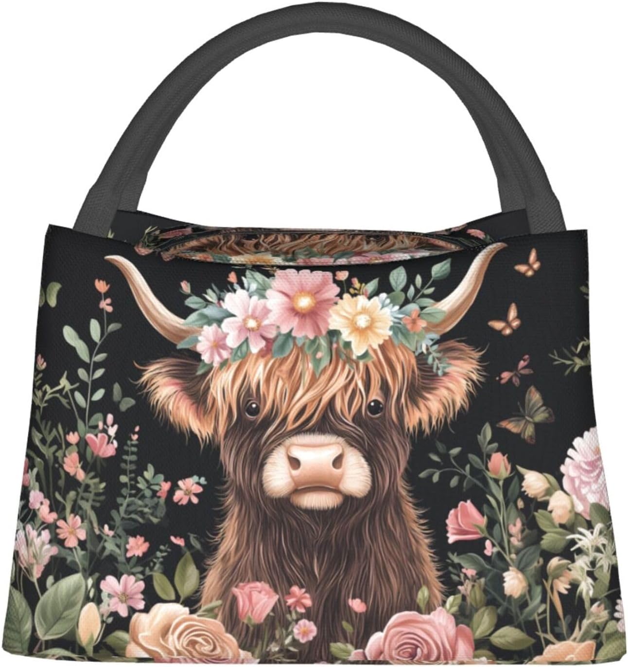 Highland Cow Floral Reusable Lunch Box, Cute Farm Animal Lunchbox for Boys Girls, Insulated Lunchbag, 11in*6.3in*6.7in, Gifts Makeup Bag, Portable Handbag for School Picnic Work Travel Beach