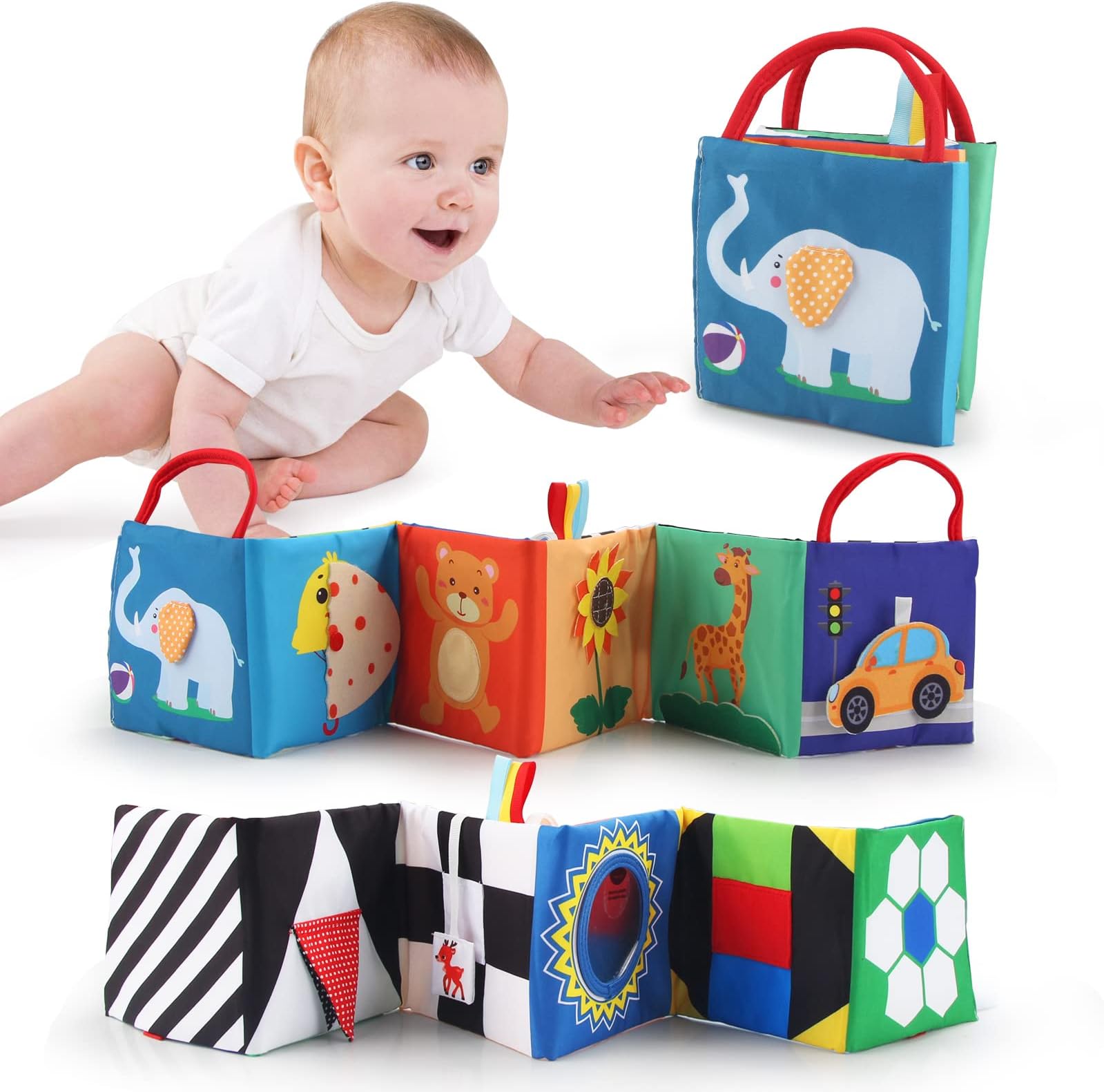 Joyfia Baby Toys 0-6 Months, High Contrast Baby Books 3-6 Months, Infant Folding Crinkle Touch Feel Cloth Book 6-18 Months, Sensory Tummy Time Toys Car Seat Stroller Toys Newborn Boy Girl Gift