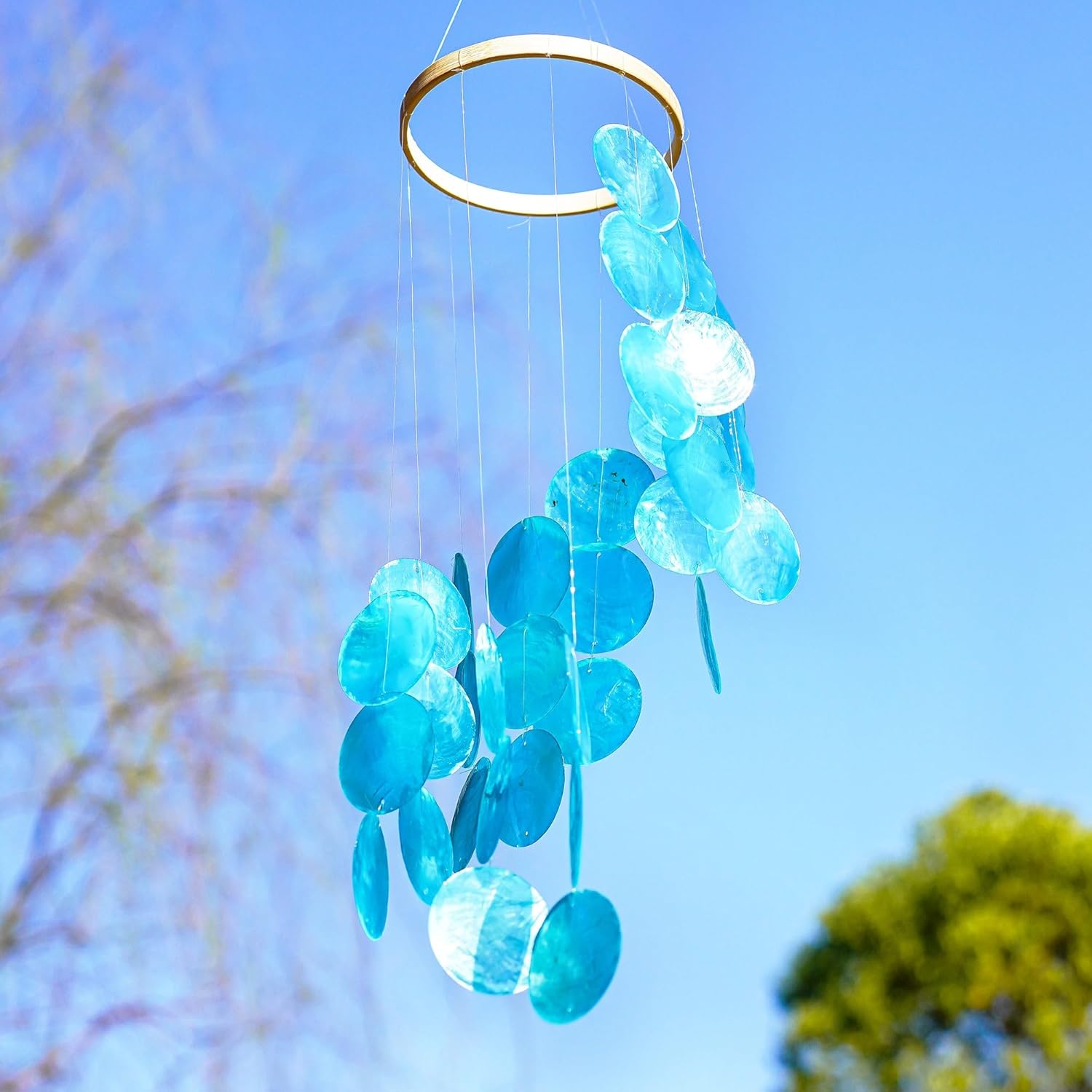 YUFENG Wind Chimes Outdoor Decor, 17'' Ocean Blue Capiz Shell Metal Windchime for Outside Garden Yard Home, Soothing Sound Decorative Wind Bell Memorial Ornament for Christmas Tree Gift - Image 6
