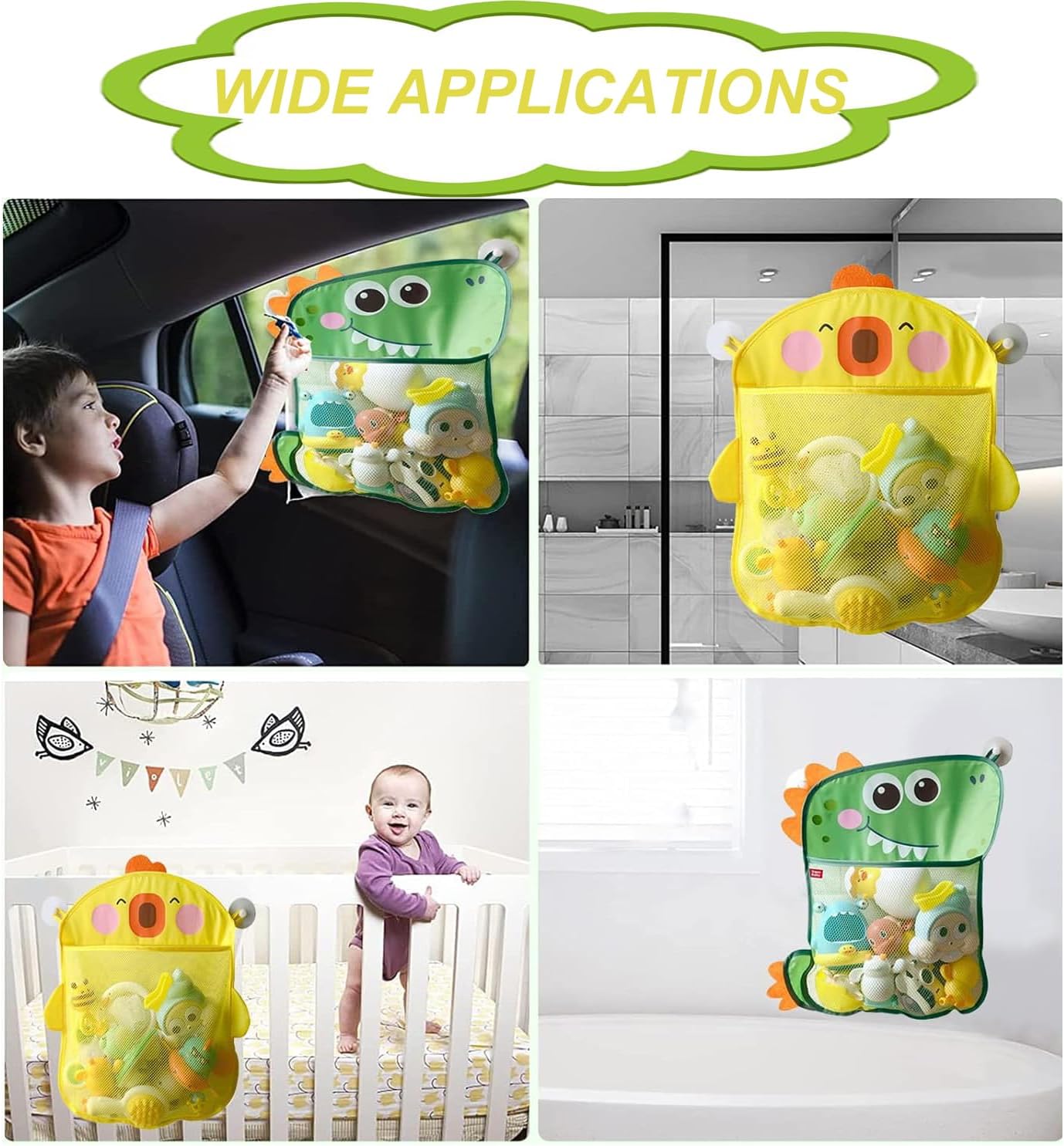 2 Pack Mesh Bath Toy Organizer, Anberky Cute Duck & Dinosaur Bath Toy Storage Net Bathtub Toy Organizer, Perfect Bathroom Hanging Storage Bag Quick Dry Bath Toy Holder Bag with 8 Strong Hooks (#A)