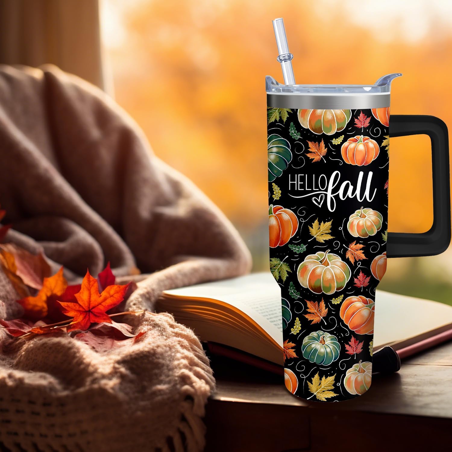 40oz Fall Pumpkin Tumbler With Handle and Straw,Gifts for Women, Autumn Coffee Mug Water Bottle, Thanksgiving Stainless Steel Insulated Cup - Image 2