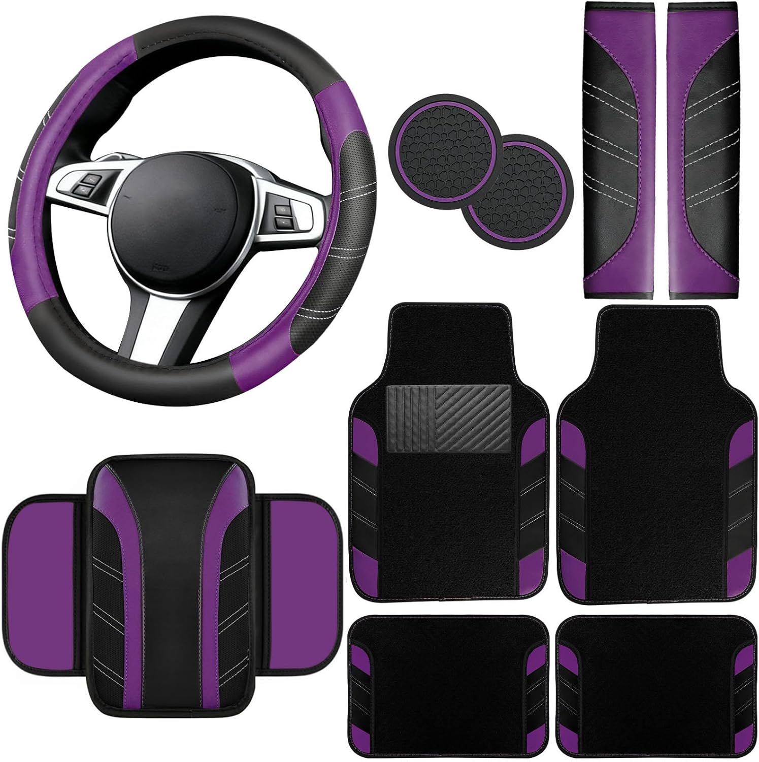 NBTEPEM 10 Pcs Car Floor Mats Full Set & Sport Leather Steering Wheel Cover 14.5-15 inch, Center Console Cover, Seat Belt Cushion, Cup Holder Coaster, Universal Automobile Interior Sets (Purple)