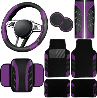 10 Pcs Purple Car Floor Mats Full Set & Sport Leather Purple Steering Wheel Cover 14.5-15 inch, Center Console