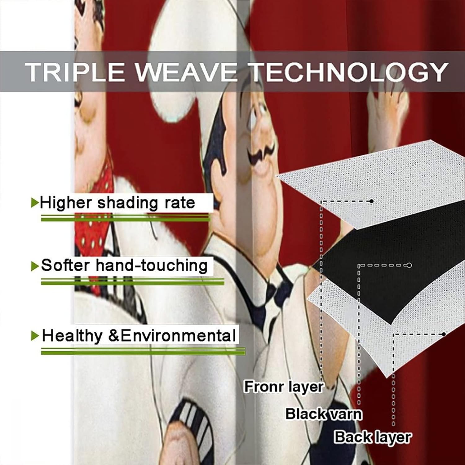 Chef Kitchen Blackout Window Curtains - Three Fat Chefs Style Print for Living Room, Bedroom, Restaurant - 2 Panels, 42x45 Inch