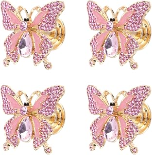 Geesatis Rhinestones Butterfly Knobs,Creative Cabinet Drawer,Pink,4Pcs | Wardrobe Dresser Knob,Single Hole Handle Door Handle