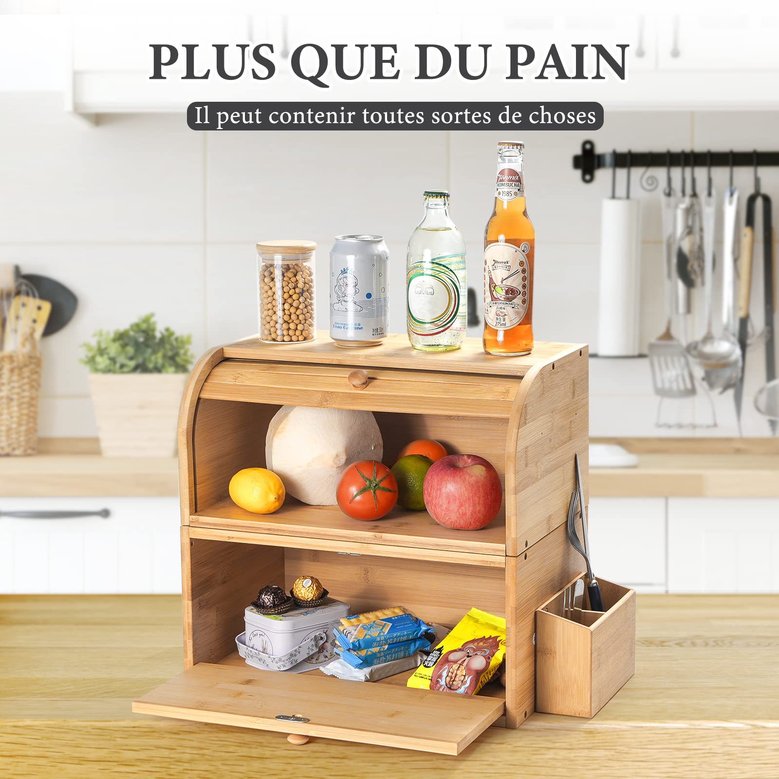GUUSII HOME Boite a Pain Bois Grande Capacité Boîte à Pain de mie Bambou Huche a Pain Moderne pour Cuisine Countertop 38 x 25 x 36 cm Double Couche Empilable