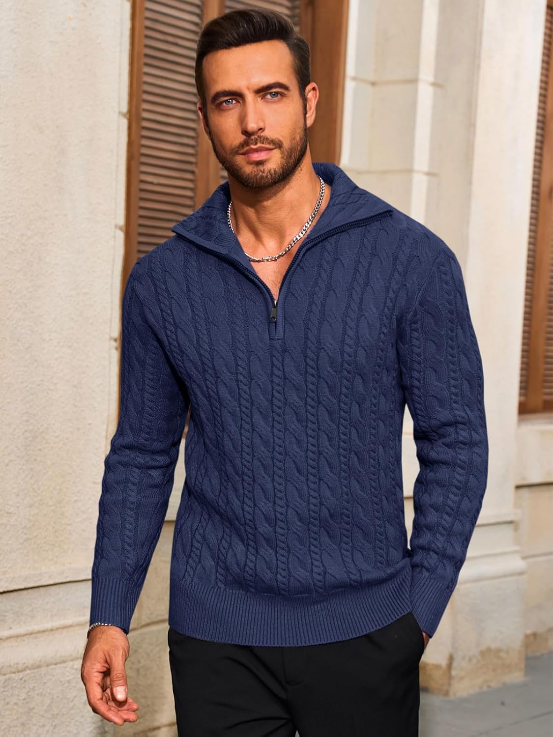 Yousify Mens Quarter-Zip Pullover Sweater Casual Mock Neck Cable Knitted Winter Warm Chunky Polo Sweaters - Image 2