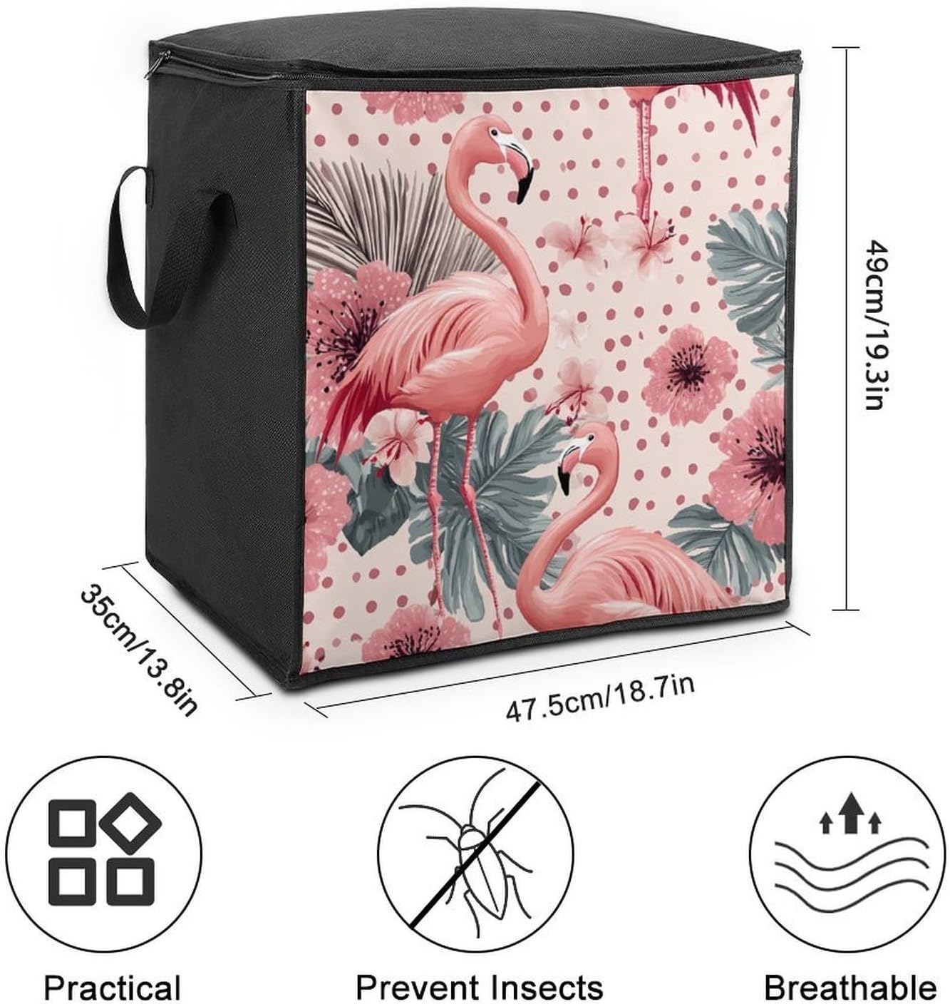Flamingos Tropical Flowers Polka Dots Large Comforter Blanket Storage Bags Bins 70L Closet Organizer with Handles