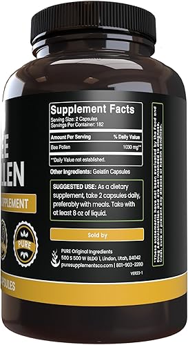 Miniatura 3 de PURE ORIGINAL INGREDIENTS Polen de abeja (365 cápsulas) sin magnesio o rellenos de arroz, siempre puro, verificado por laboratorio