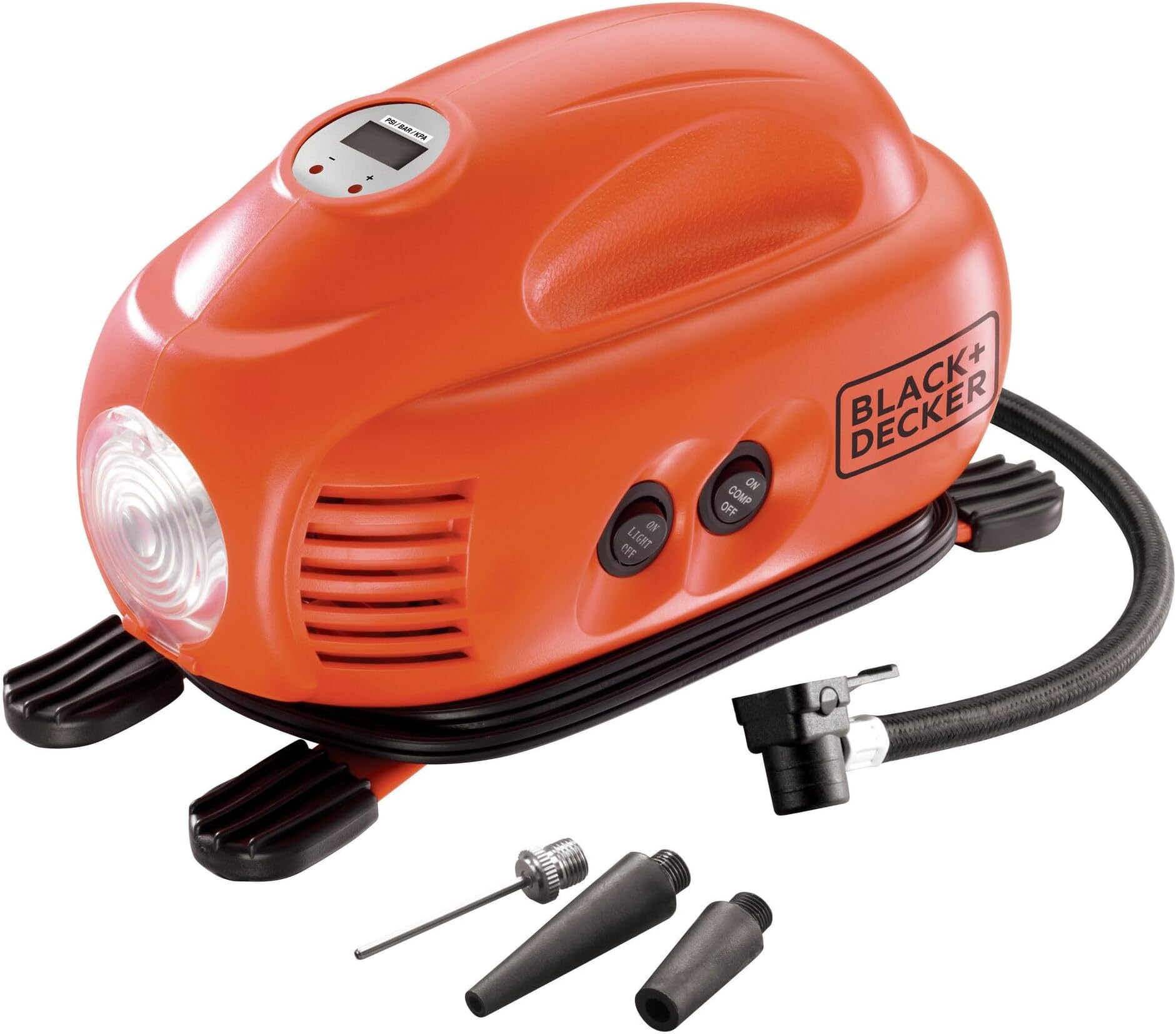 BLACK + DECKER ASI200-XJ Tyre Inflator, 8.27 bar / 120 PSI Compressor with 12 V Cigarette Lighter Socket Digital Display Automatic Shut-Off with 3 Valve Attachments 3.1 m Cable