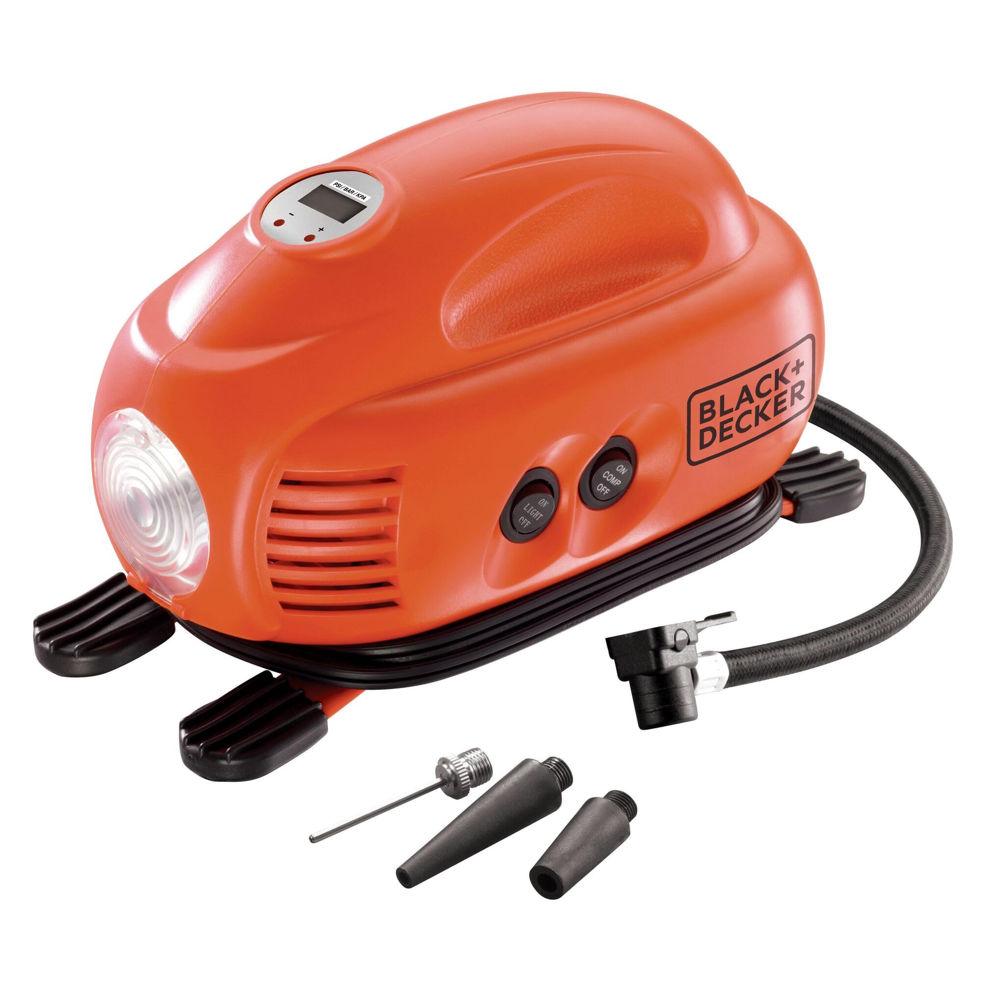 BLACK + DECKER ASI200-XJ Tyre Inflator, 8.27 bar / 120 PSI Compressor with 12 V Cigarette Lighter Socket Digital Display Automatic Shut-Off with 3 Valve Attachments 3.1 m Cable-image-43