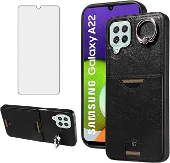 Asuwish Phone Case for Samsung Galaxy A22 4G 6.4 inch Wallet Cell Cover with Tempered Glass Screen Protector Slim Ring Stand Credit Card Holder Slot M32 M22 F22 A 22 22A G4 Women Men Black