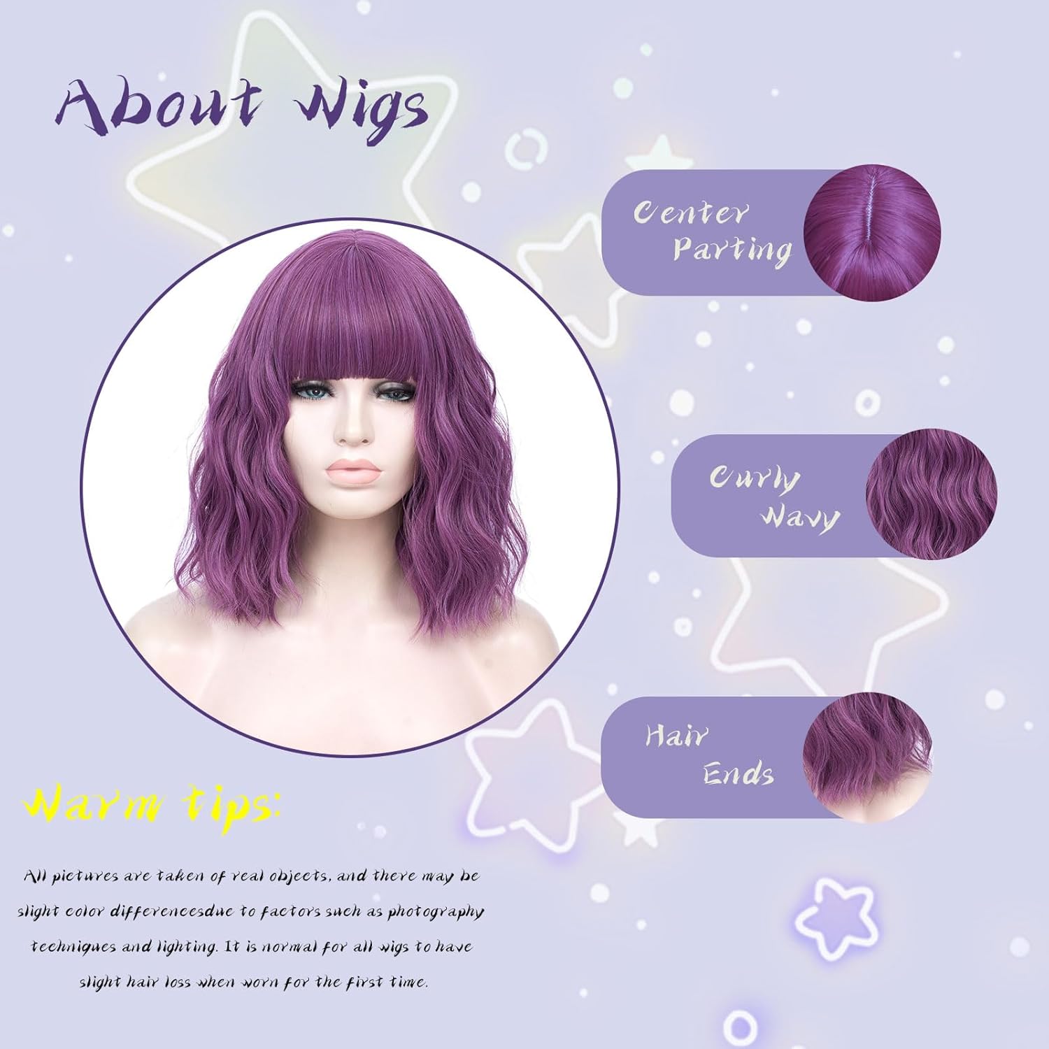 14" Short Purple Curly Wig For Women Girls Heat Resistant Fiber Wigs Halloween Cosplay Daily Party+Cap (Purple) - Image 4
