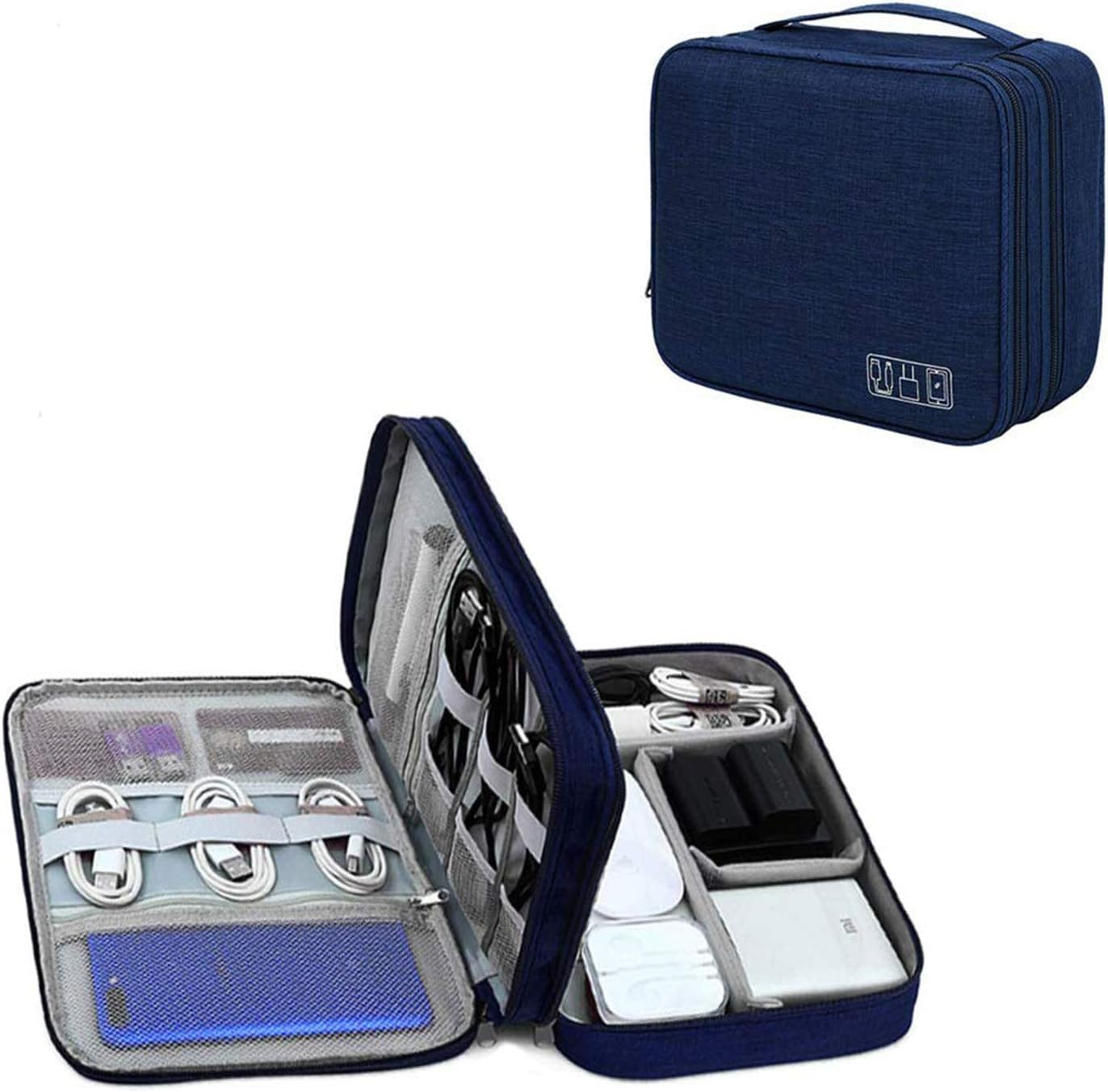 YOUBAMI Electronic Organizer Travel Universal Organizer Storage Bag, Three Layer Polyester Waterproof Trave Accessorie Bag with 4 Removable Division Pocket for Pen, Camera, Navy Blue