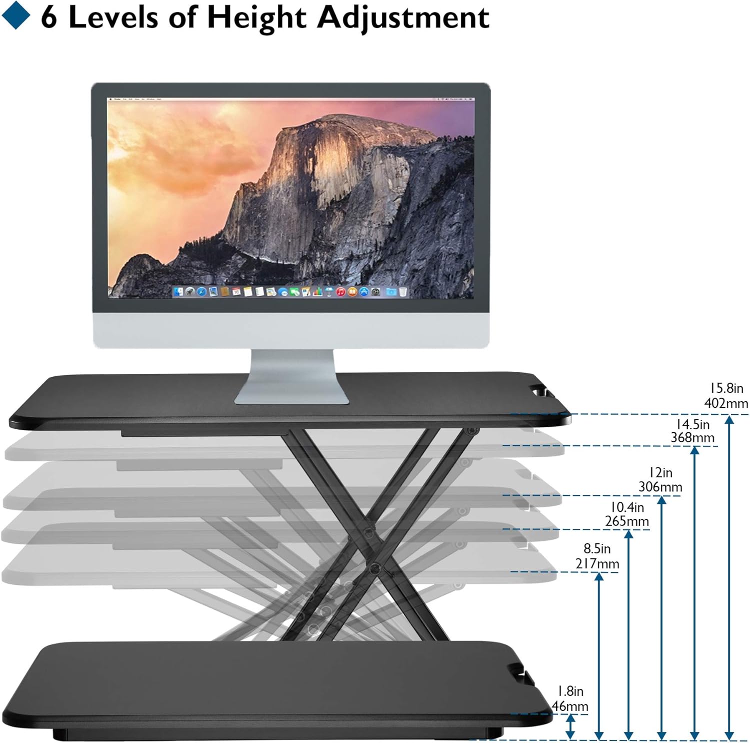 BONTEC Sit- Stand Desk Converter, Height Adjustable Super Sturdy Office Workstation with 65x47cm Platform, Ergonomic X-Frame Riser for PC Computer Screen, Keyboard, Laptop up to 17.6lbs : Office Products