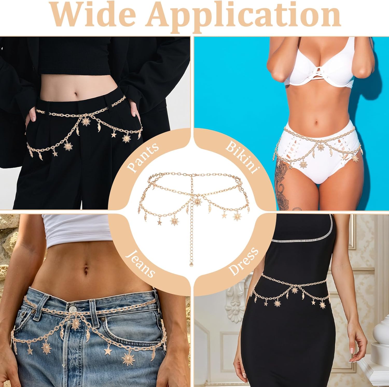 Double Layer Gold Metal Chain Belt for Women, Adjustable Sun Moon Star Waist Chain Link Belt For Dresses Jeans, Fits Waist 24-45 Inches - Image 7