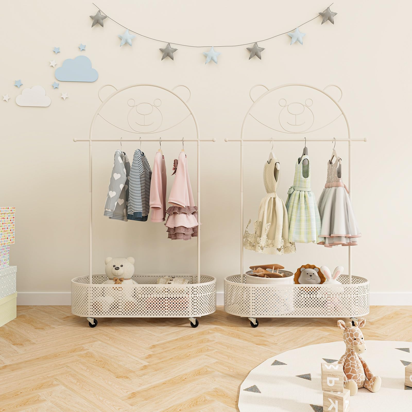 COSTWAY Perchero Infantil, Burro Ropa Altura Ajustable en 130/150/182 cm, Perchero Burro Ropa con Dibujo de Oso, 4 Ruedas Universales, Cesta de Almacenamiento lnferior para Niños y Adultos (Blanco)