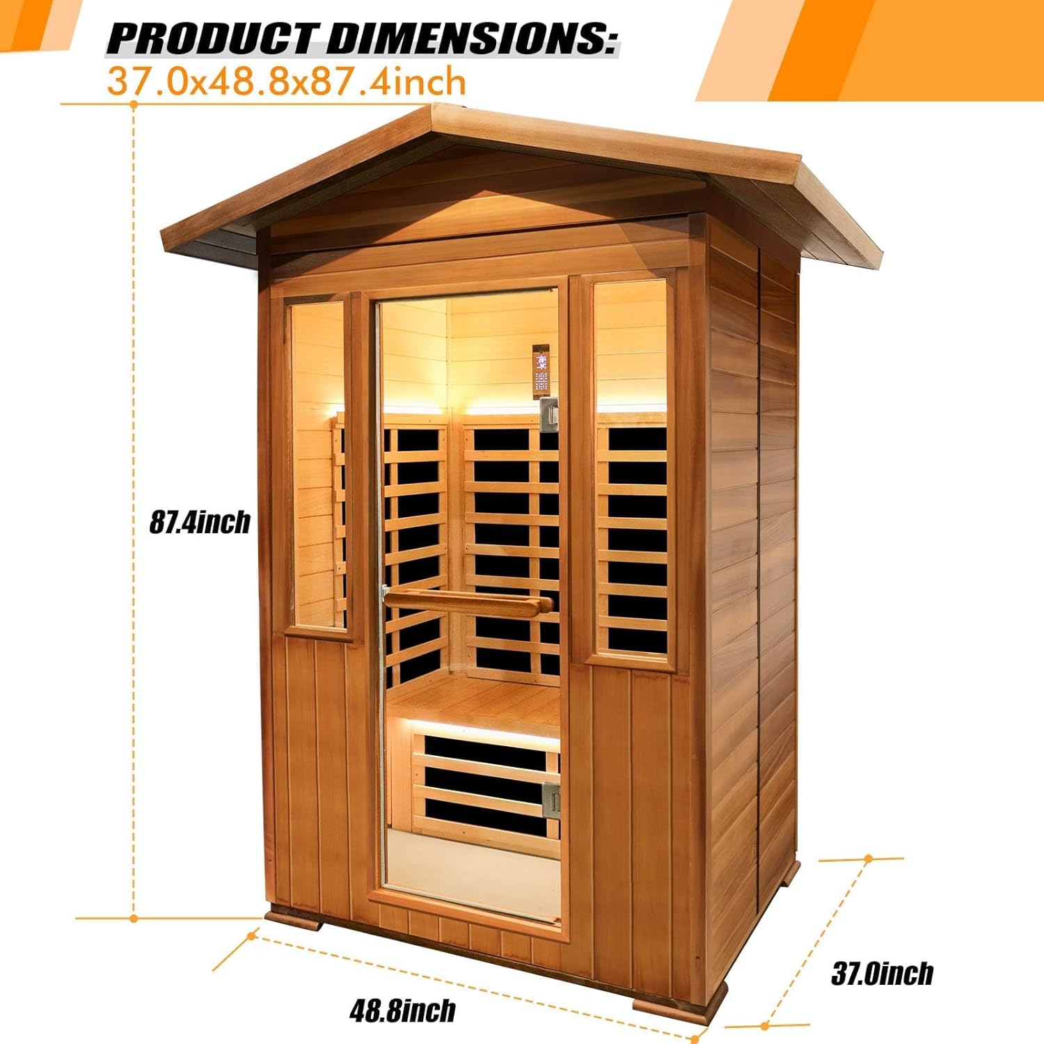 Product dimensions of the sauna: 48.8 inches wide, 37 inches deep, 87.4 inches high.