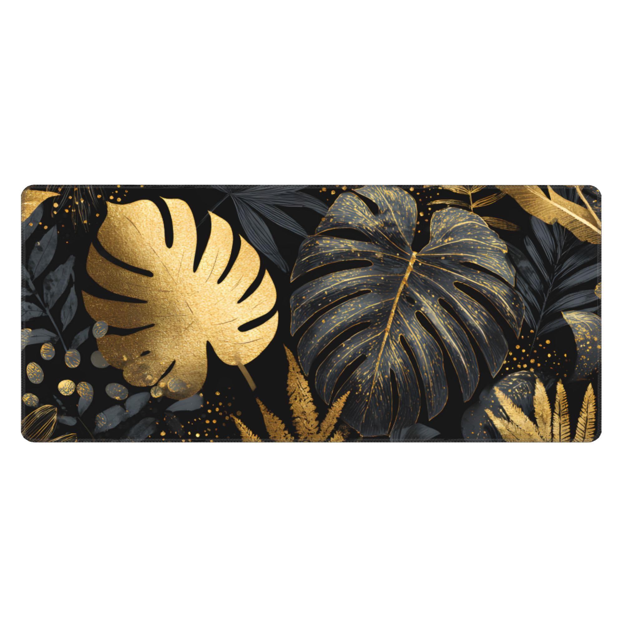 Golden Tropical Leaves Extended Gaming Mouse Pad, with Stitched Edges Large Mouse Pad Desk Protector, Rubber Base Mousepad Keyboard Mouses Mat for Work Game Office Home- 32" X 12" Inch