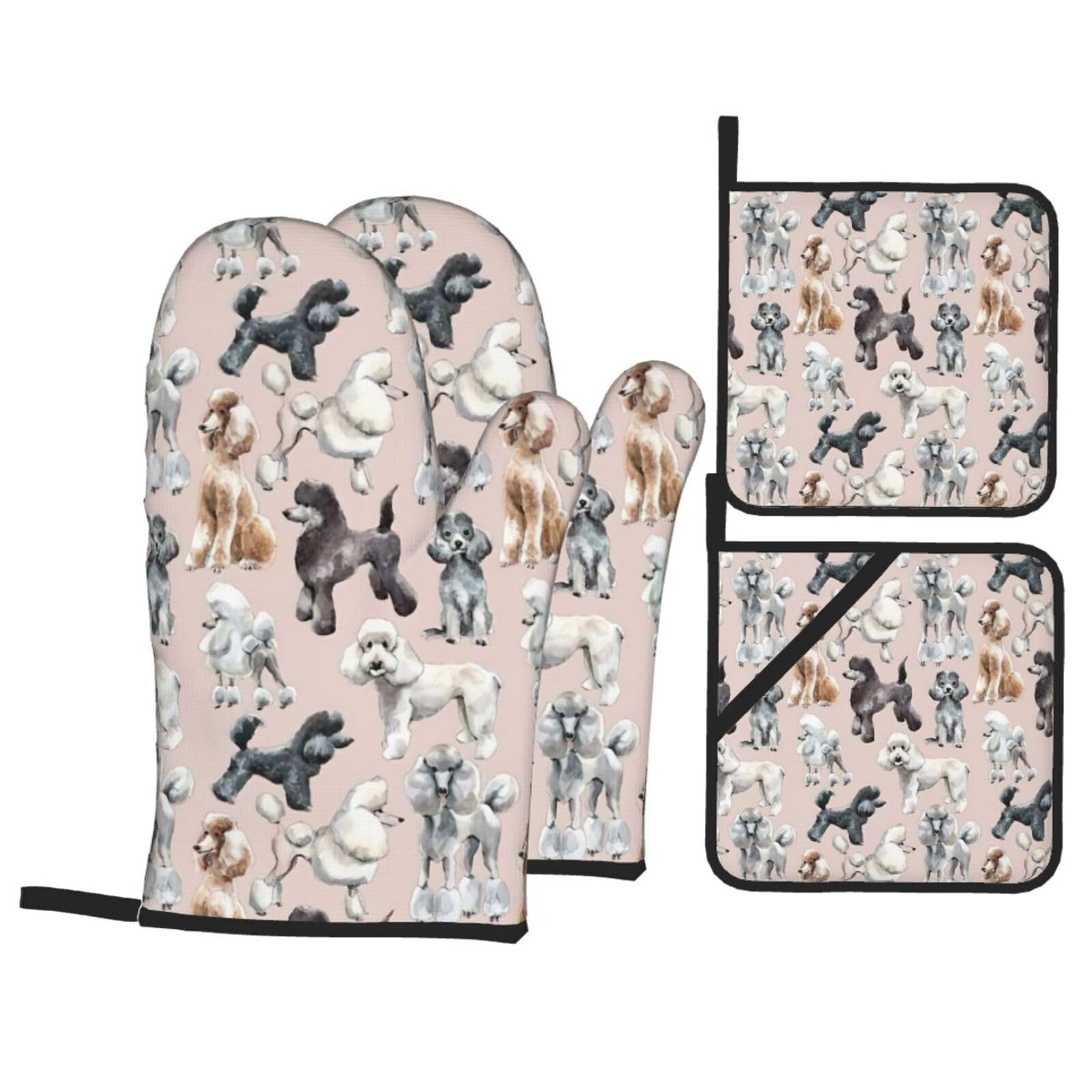 Oodles of Poodles Print 4-Piece Oven Microwaving Set Waterproof Kitchen Gloves for Baking Grilling Cooking