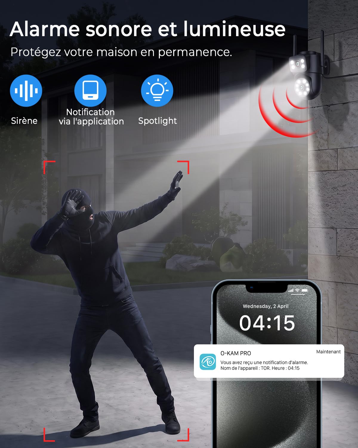 Reobiux 2K Camera Surveillance WiFi Exterieure avec Double Objectif, 1 Pack | Vision Nocturne Couleur, Détection Humaine Intelligent, Audio Bidirectionnel, Étanche IP66, Résolution HD, Technologie PTZ