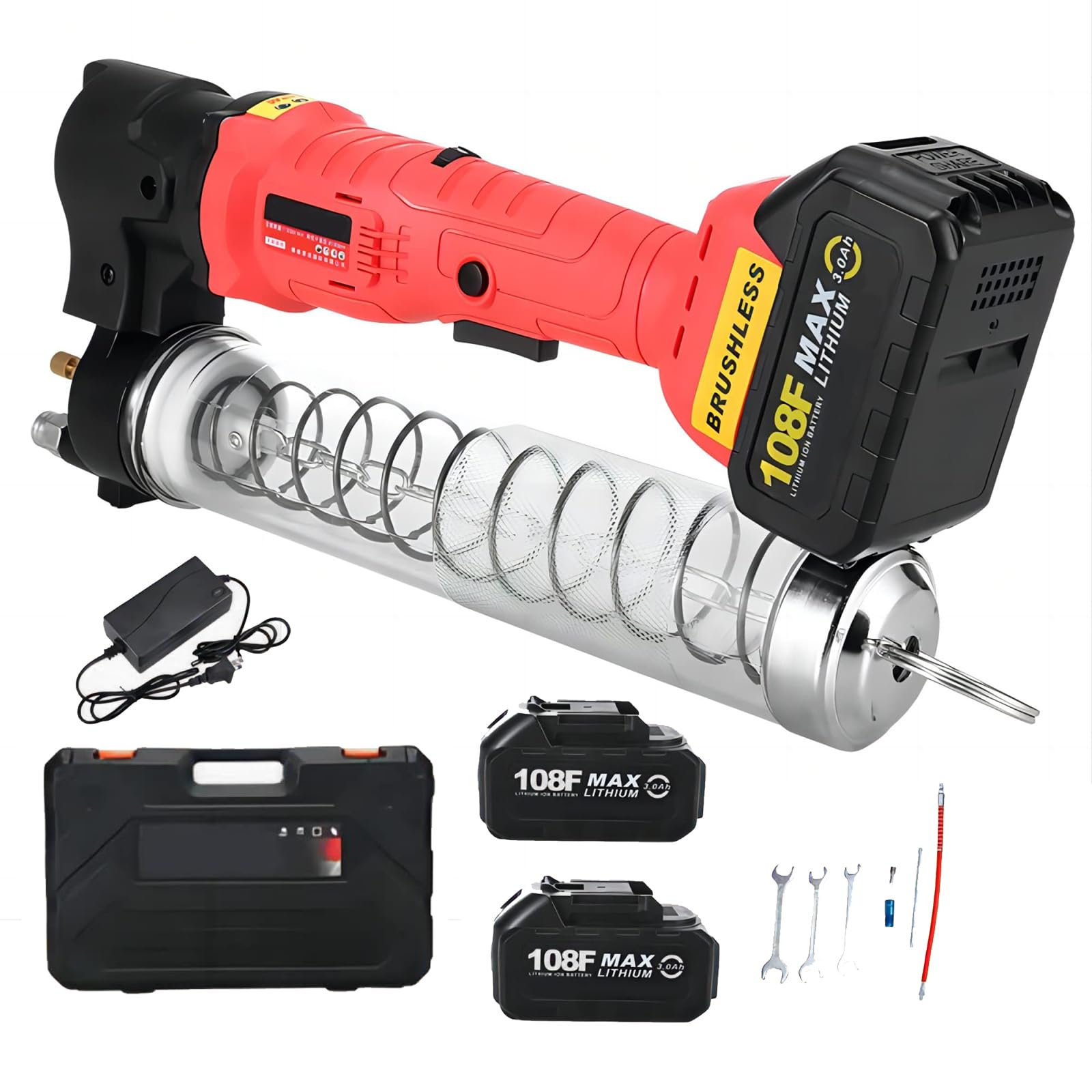 Cordless Grease Gun, Electric Grease Gun Battery Powered Excavator Greaser Mechanical Gear Greaser with 2 Lithium Battery, 12000 PSI High Pressure Automotive Greaser
