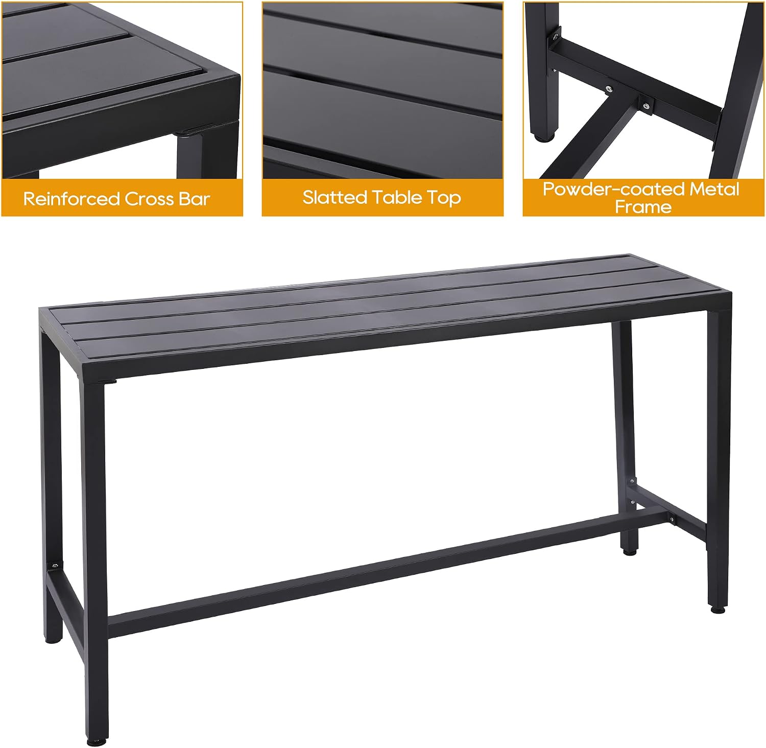 Outdoor Patio Bar Set, Bar Height Patio Dining Set, Weather-Resistant Bistro Counter Pub Set with Cushions & Slatted Tabletop for Backyard, Garden, Yard (63" Table, 6 "I Style Stool, Black)