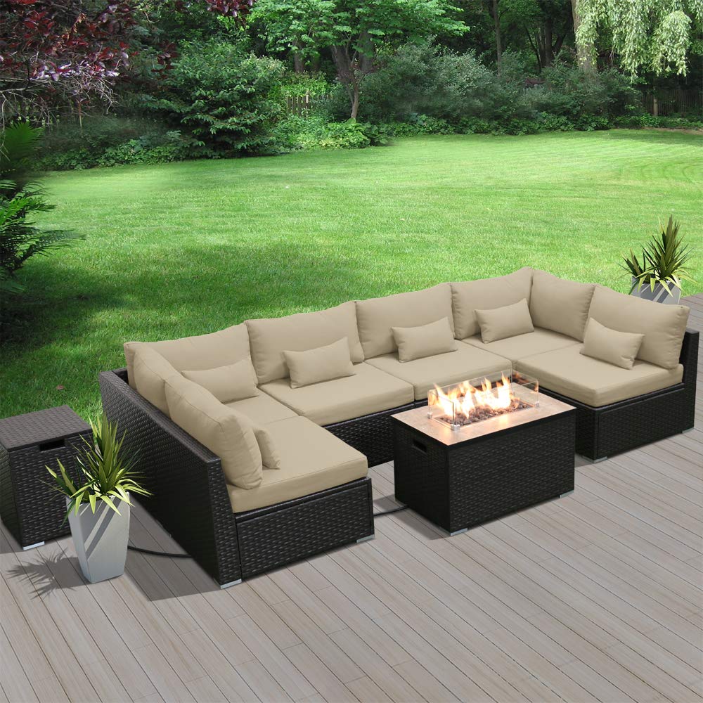 DINELI Patio Furniture Sectional Sofa with Gas Fire Pit Table Outdoor Patio Furniture Sets