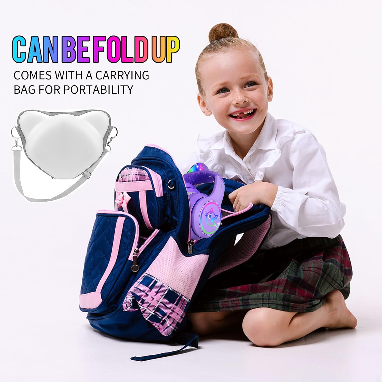 I love e iFecco Kids Headphones with Microphone Light Up Cat Ear Bluetooth Wireless Headset Volume-limiting for Girls Boys for School Gifts with Case (Purple)