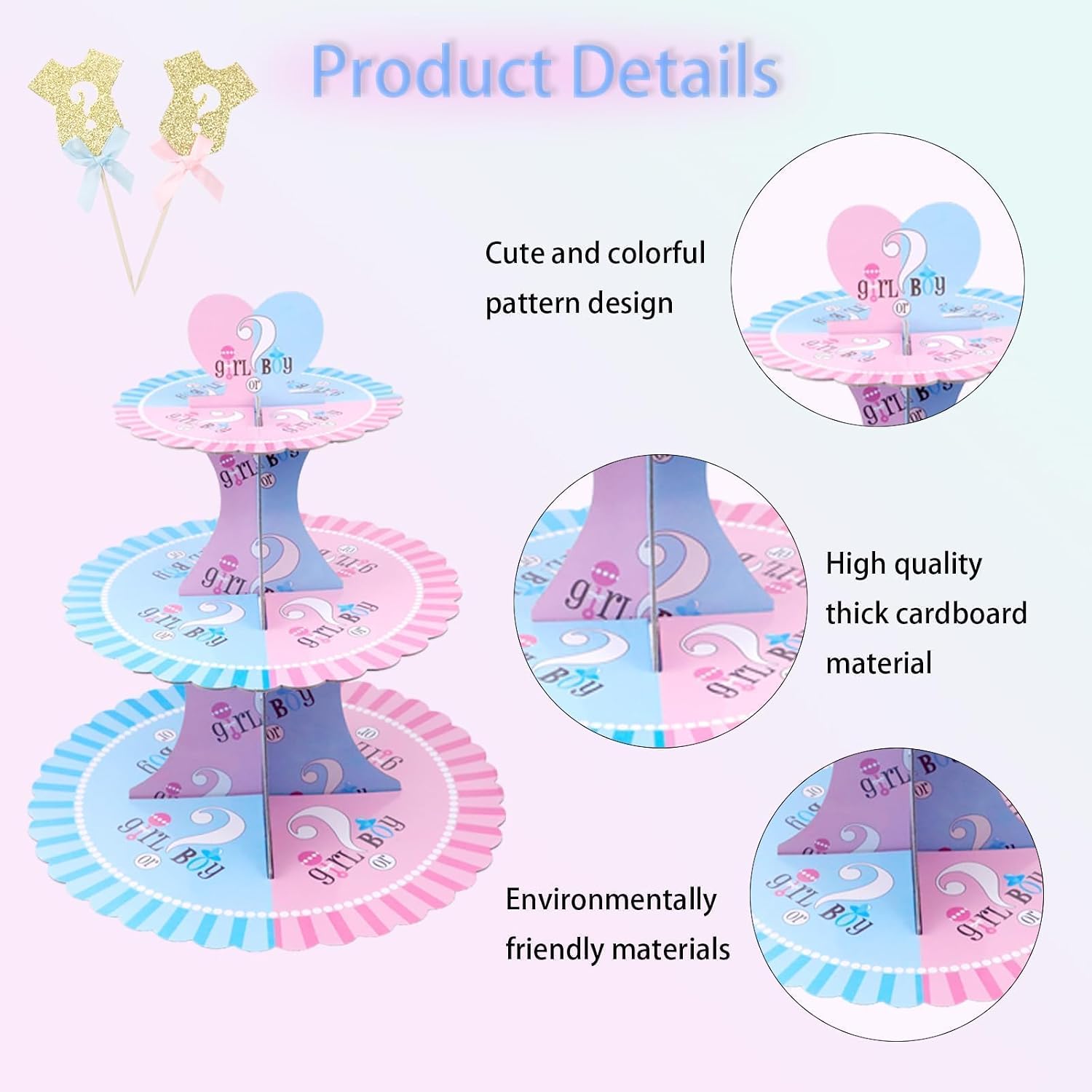 Gender Reveal Cupcake Stand with 12 Glitter Cupcake Toppers, 3 Tier Cupcake Tower for Boy or Girl, Pink and Blue Baby Shower Decorations, Gender Reveal Party Supplies