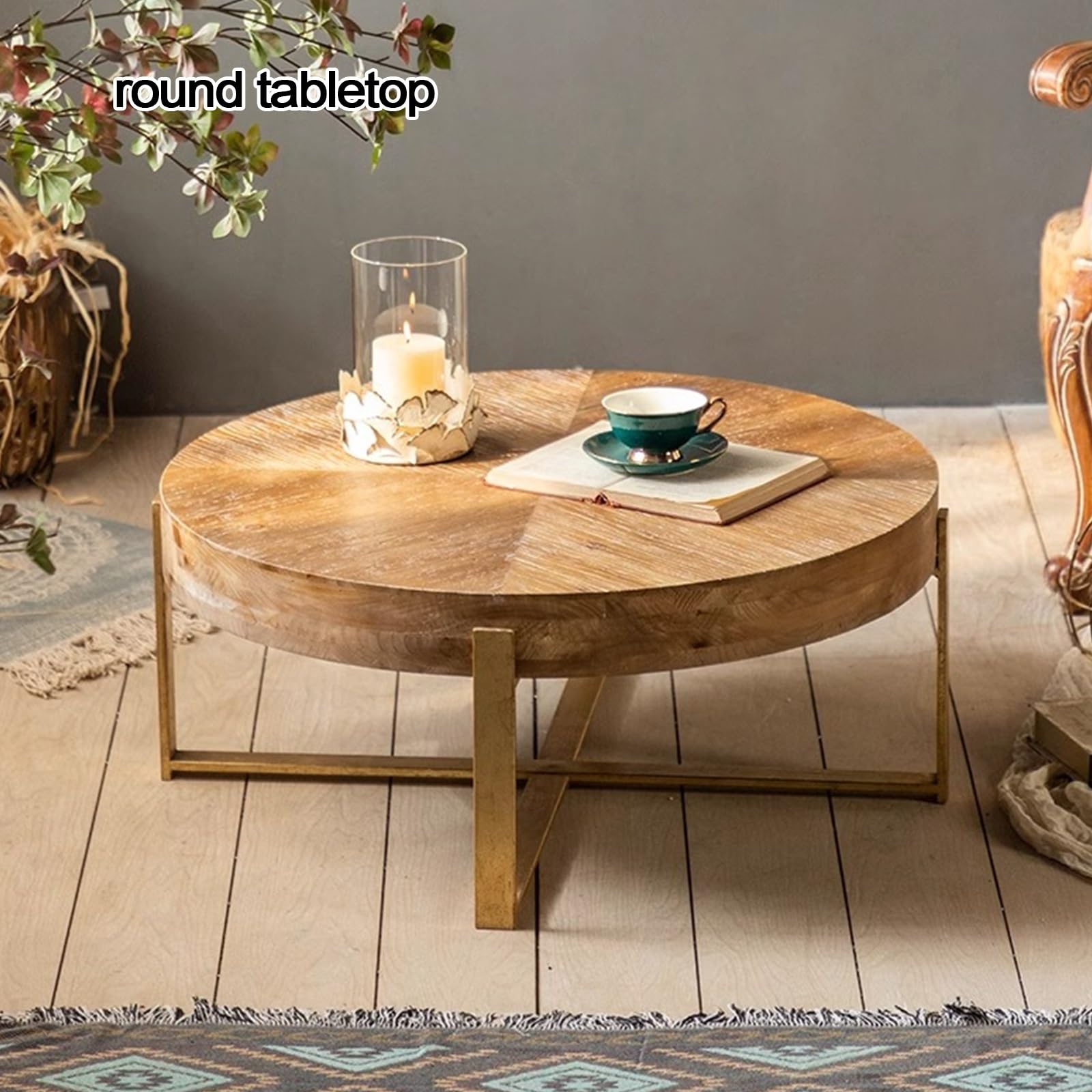 Stolik Kawowy Okrągły Styl Wabi-sabi Drewno Lite Stolik Kawowy Stół do Salonu z Solidną Podstawą z Kutego Żelaza Stoliks Pomocniczy Zaokrąglone Krawędzie do Salonu, Biura