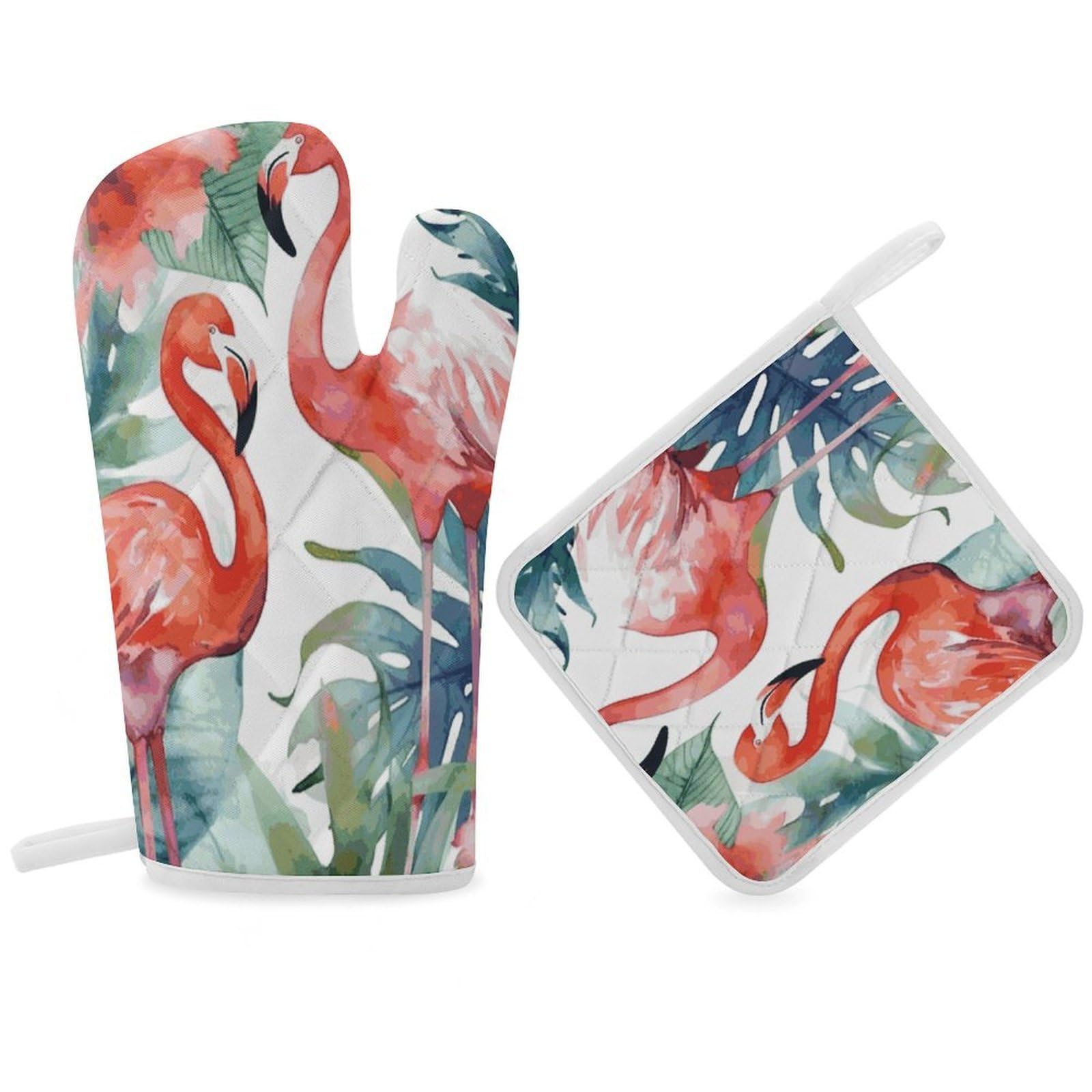 Fodpand Women's Style Flamingos Watercolor Tropics Oven Mitts And Pot Holders Sets,Oven Gloves For Kitchen Oven Mitts And Potholders For Baking Cooking Grilling Apartment Essentials