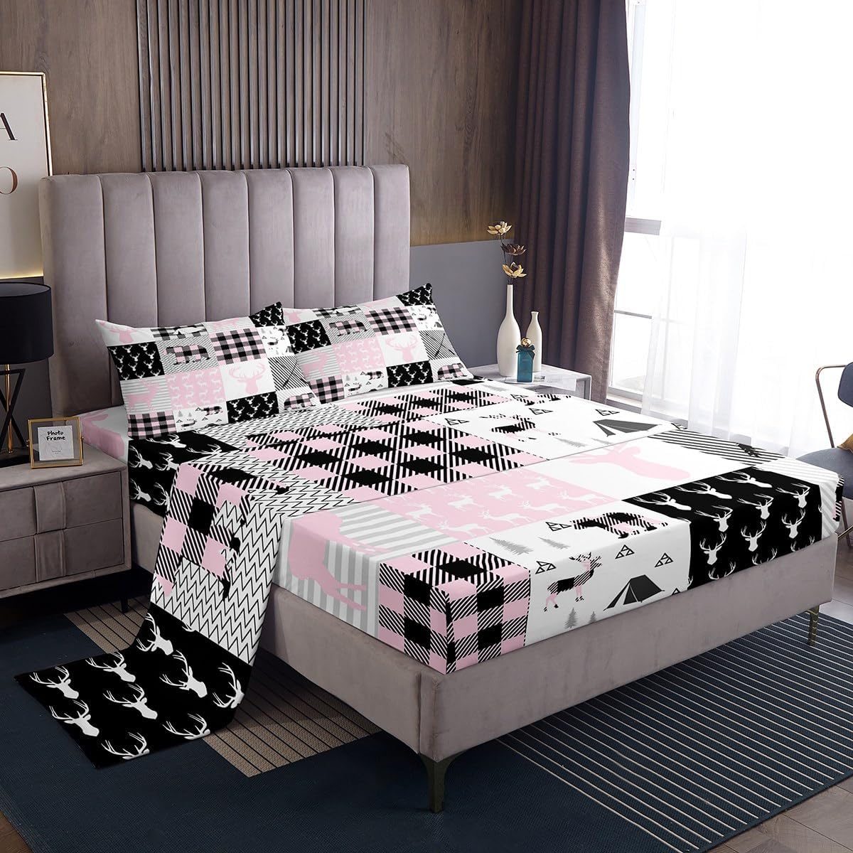 Cute Deer Bed Sheets Set Queen Size, Deer Hunting Sheet Set Rustic Camping Cabin Buffalo Sheets with Deep Pocket Fitted Sheet Bear Deer Lodge Patchwork Bedding Set Microfiber Bed Set
