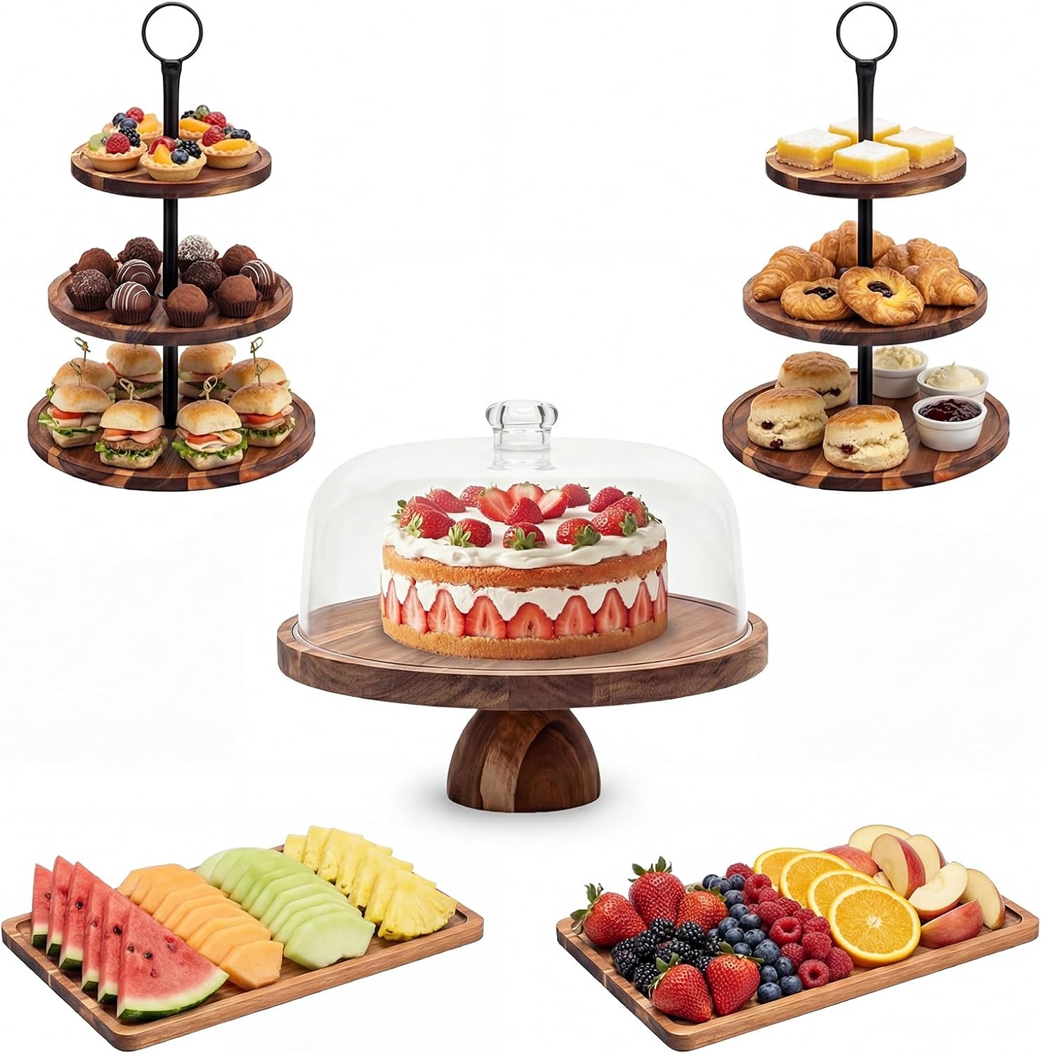5 Pcs Wooden Dessert Table Display Set,Acacia Wood Cake Stand with Dome Lid,2 Pcs 3-Tier Dessert Display Stands and 2 Serving Trays Hosting Essential for Wedding Birthday Party Baby Shower Christmas
