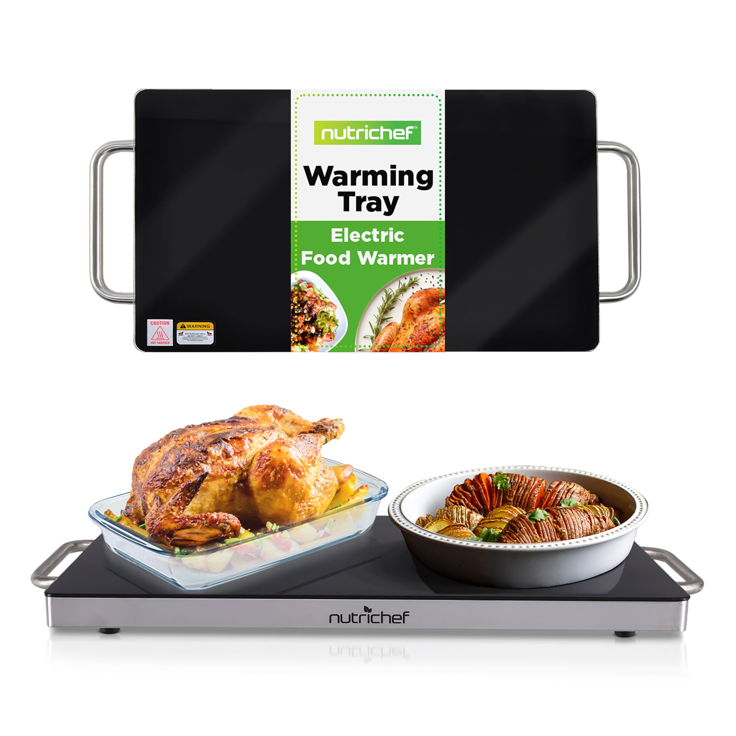 NutriChef Portable Electric Hot Plate - Stainless Steel Warming Tray Dish Warmer w/ Black Glass Top - Keep Food Warm for Buffet Serving, Restaurant, Parties, Table or Countertop Use - PKWTR45