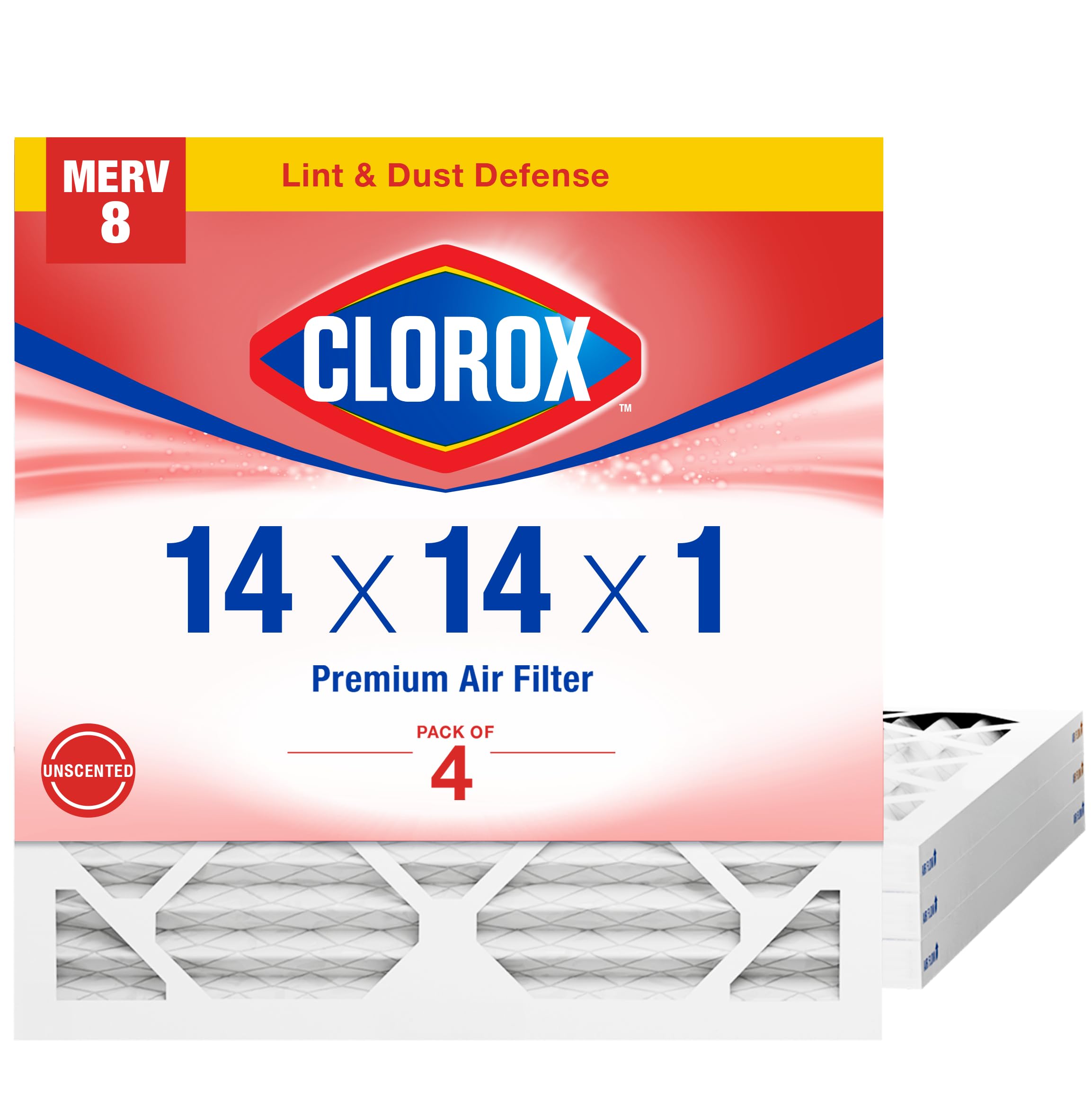 Clorox 14x14x1 Air Filter, MERV 8 Pleated HVAC AC Furnace Air Filters for Lint, Dust and Pollen, MPR 600 & FPR 5 – Pack of 4