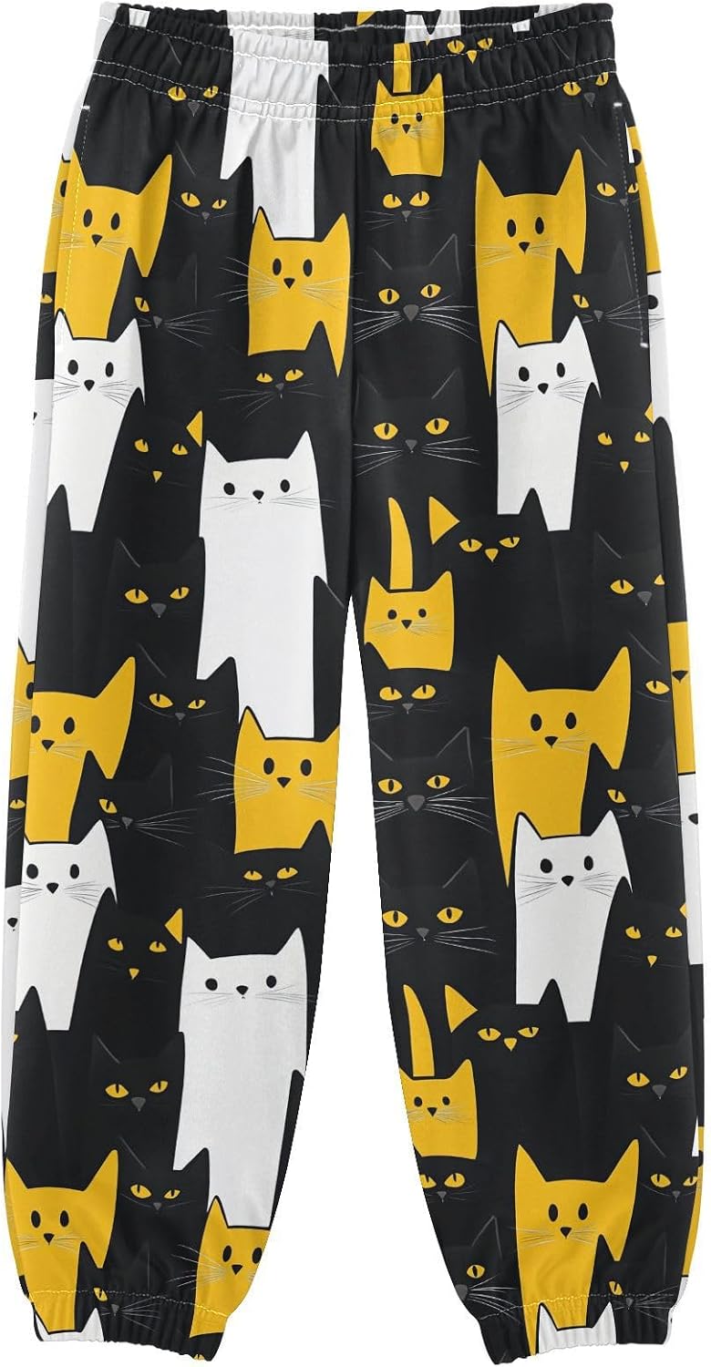 Boy Sweatpants Black White Yellow Cat Animal Joggers Casual Athletic Pants Kids Elastic Waist Cuffed with Pockets