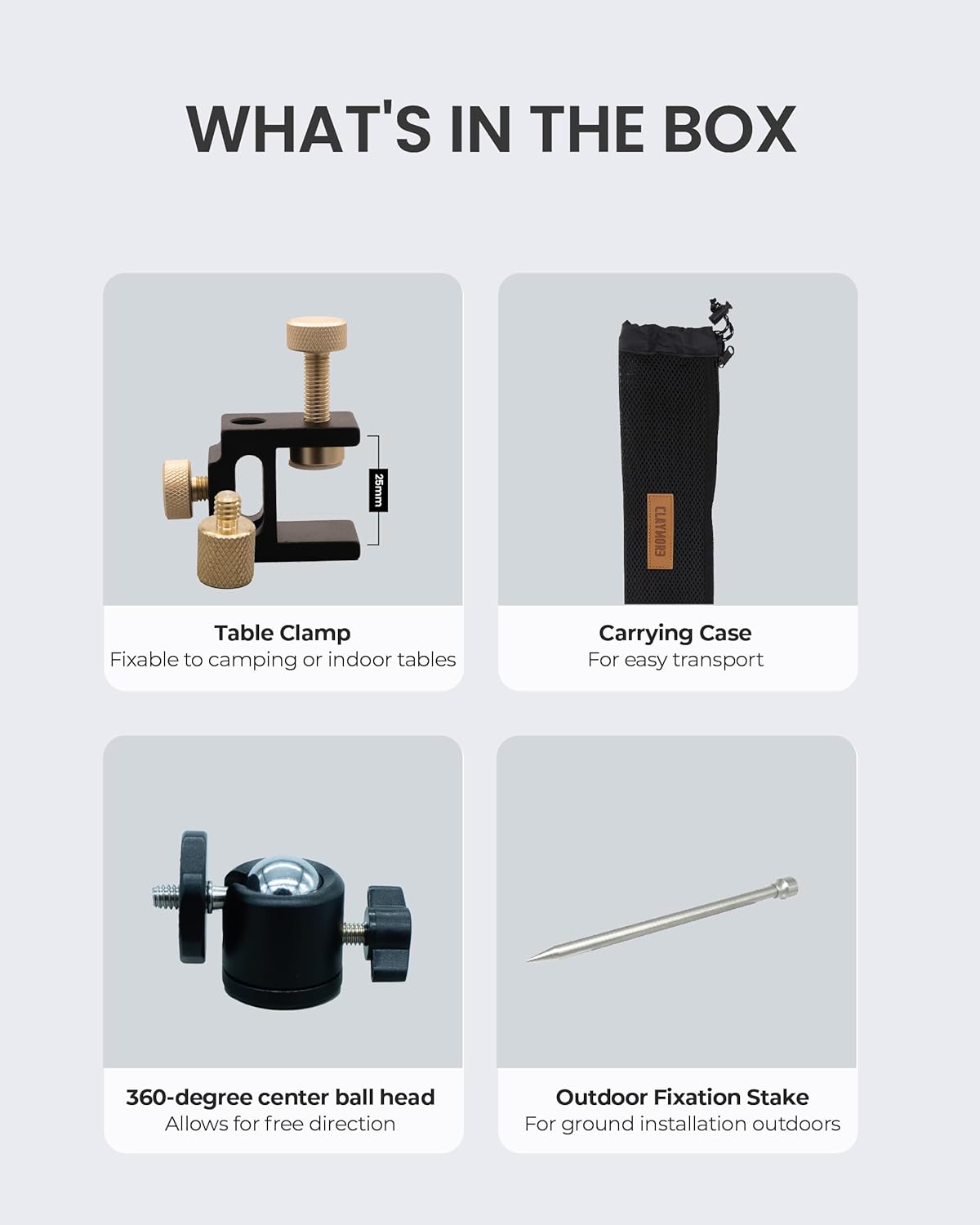 Components of Claymore Multi Pile Driver including poles, stake, ball head, clamp, and carrying case