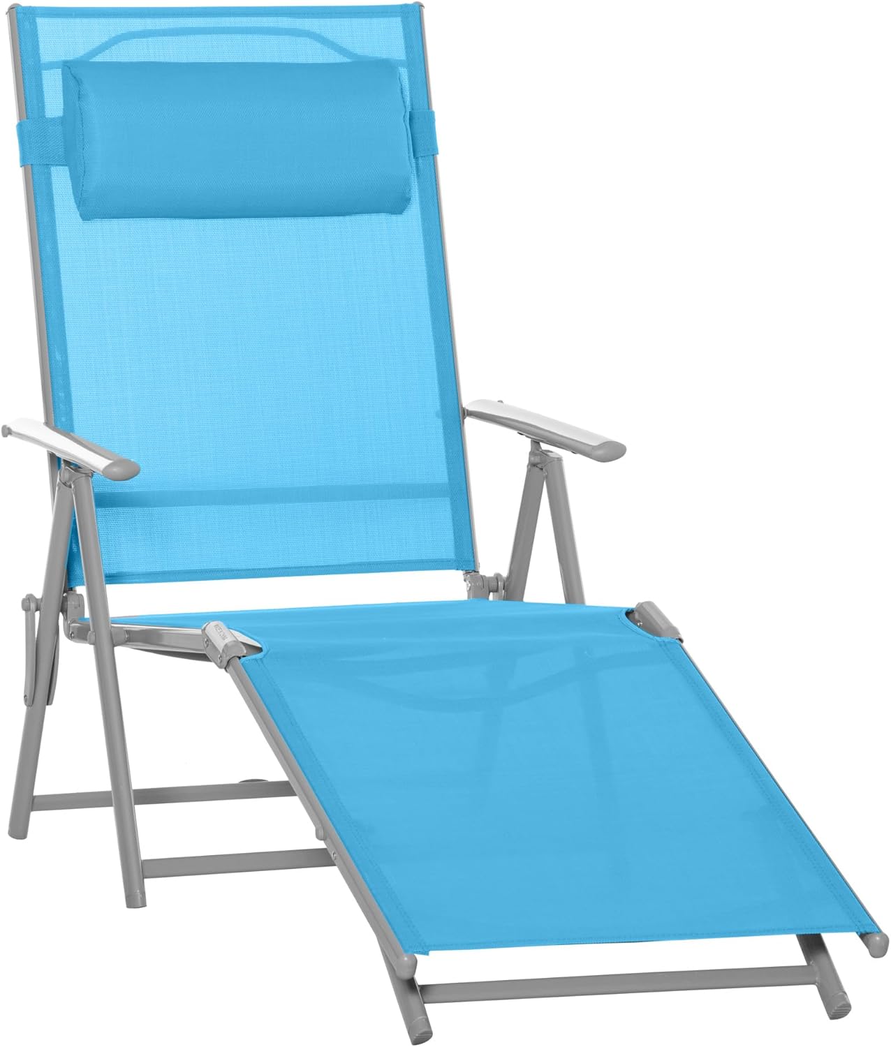 Outsunny Outdoor Folding Lounge Chair, 7-Position Adjustable Zero Gravity Lounge Chair with Pillow, Portable Reclining Tri-Fold Chaise for Beach, Swimming Pool, Light Blue
