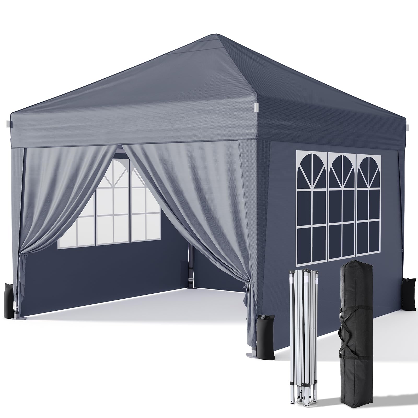 Driftalia Tonnelle avec côtés 3 m x 3 m - Étanche - Avec 4 sacs de sable et sac de transport - Pour fêtes, camping, événements commerciaux - Gris foncé