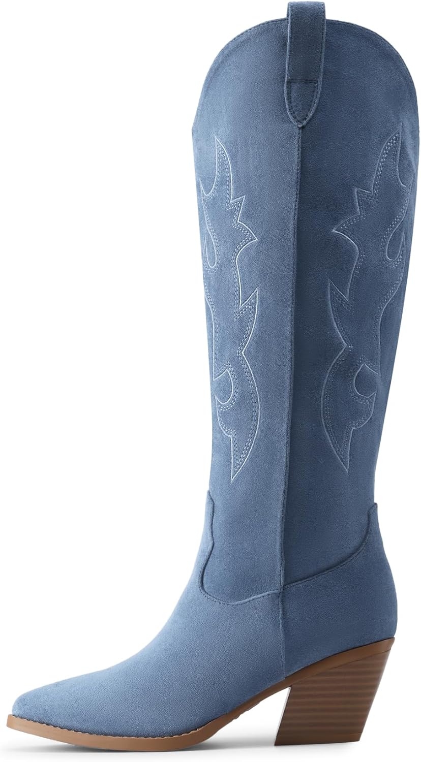 DREAM PAIRS Cowgirl Boots Women Knee High Cowboy Boots Pointed Toe Chunky Block Heel Suede Tall Western Boots with Embroidered