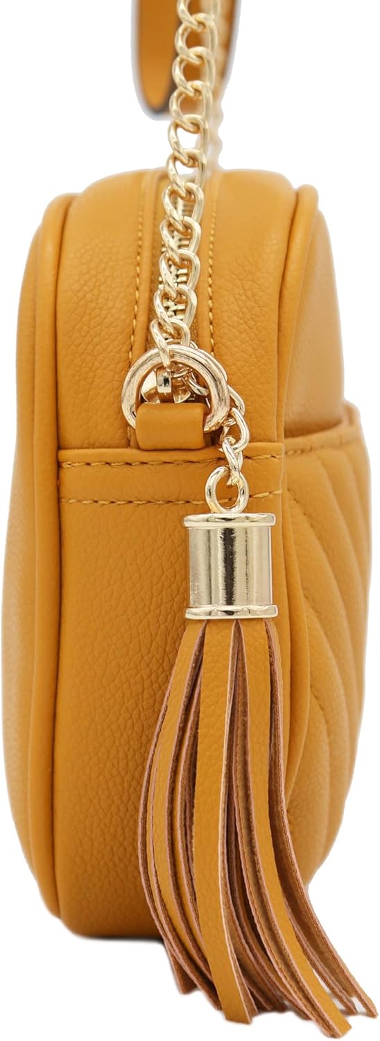 FashionPuzzle Chevron Quilted Crossbody Camera Bag with Chain Strap and Tassel