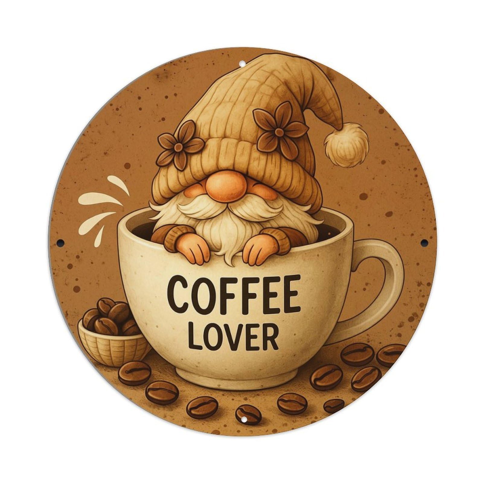 Coffee Lover Gnome In Cup Vintage Metal Tin Sign Retro Wall Decor for Home Bar Garage Cafe, Indoor & Outdoor Decorative，circle Metal Poster, 8x8 Inch