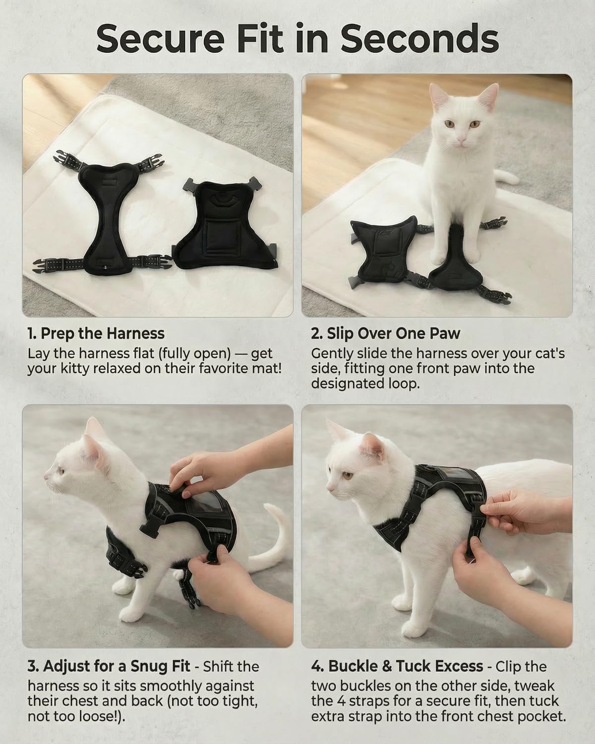 Luxelle Set di pettorina e guinzaglio per gatti a prova di fuga, regolabile, morbido, con cinghie riflettenti a 360°, tasca integrata e cinturino da polso, imbracatura in rete traspirante per gatti e