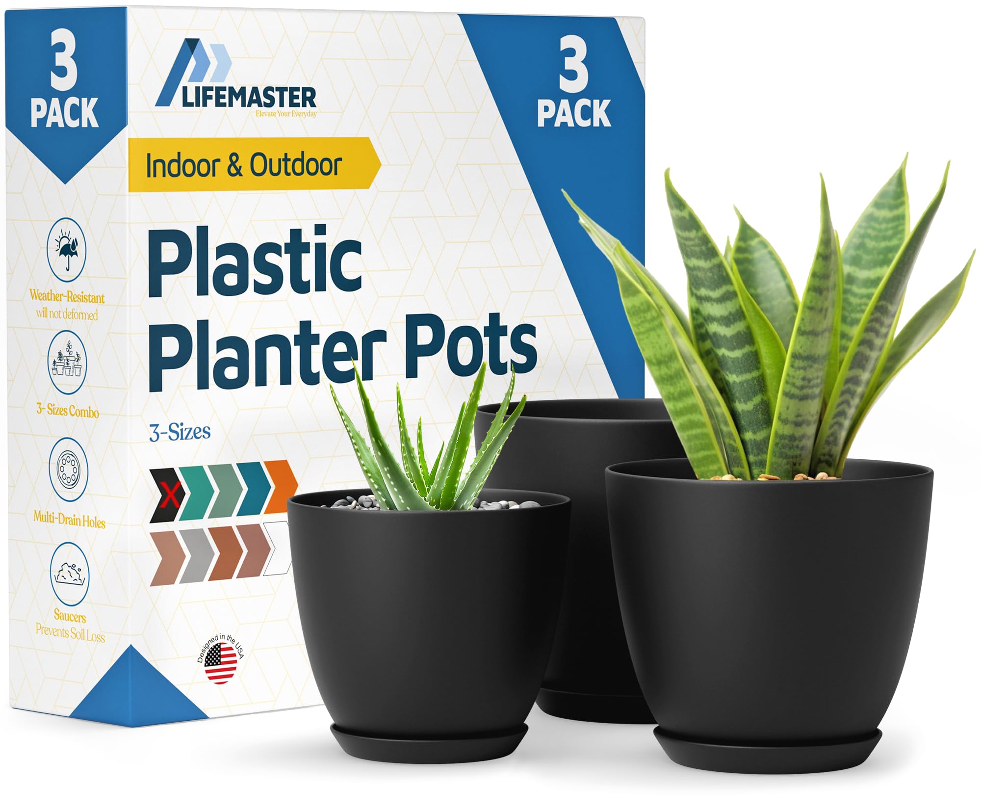 Lifemaster Black Plant Pots 3-Pack