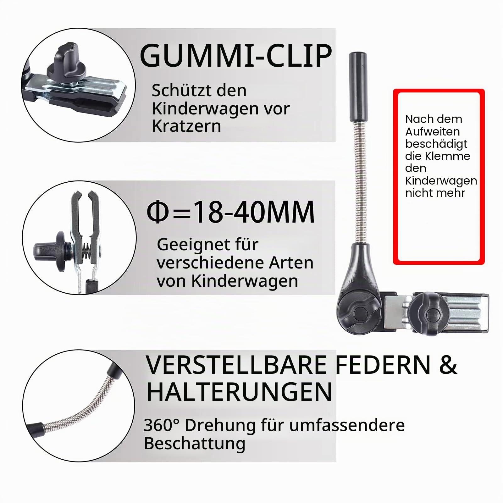 Kinderwagen-Sonnenschirm mit verstellbarer Klemme, zum Anklippen, LSF 50+, ideal für Kinderwagen, Kinderwagen