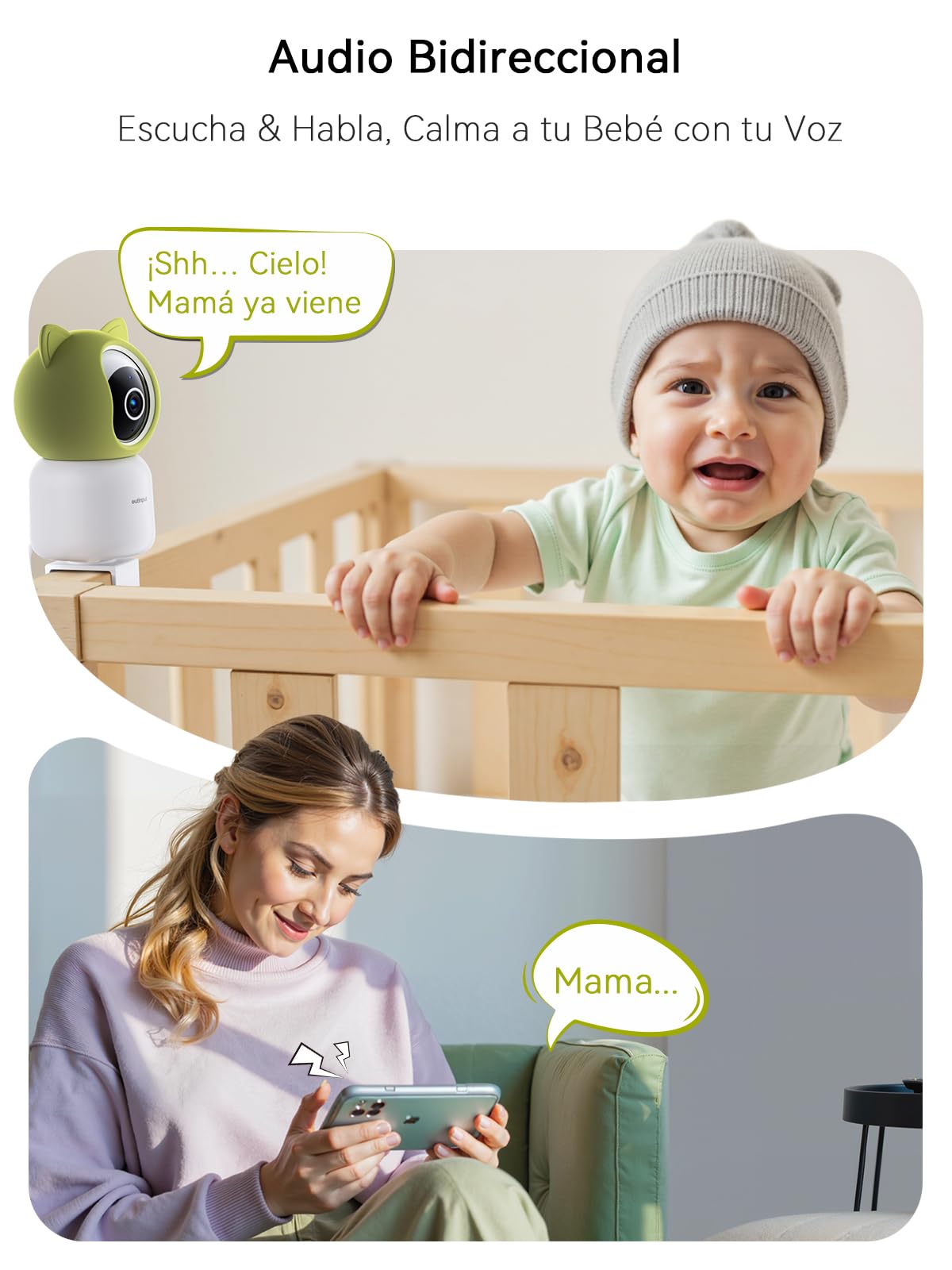 Outinput 2K 4MP Camara Vigilancia Bebe WiFi Interior, 355° Vigilabebes con Camara, App Remoto, Seguimiento Detección Automático, Audio de 2 Vías, Visión Nocturna, Alertas de Feed, 6 Canciones de Cuna