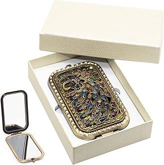 Vintage Makeup Mirror Metal Portable Foldable Mirror Peacock Vanity Mirror Double Sided Compact Cosmetic Mirror Travel Mirror (B)